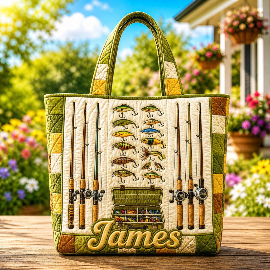 Personalized Fishing Quilted Tote Bag, Custom Name Fisher Tote, Cute Fish Shoulder Bag, Handbag Gift for Fishing Lover