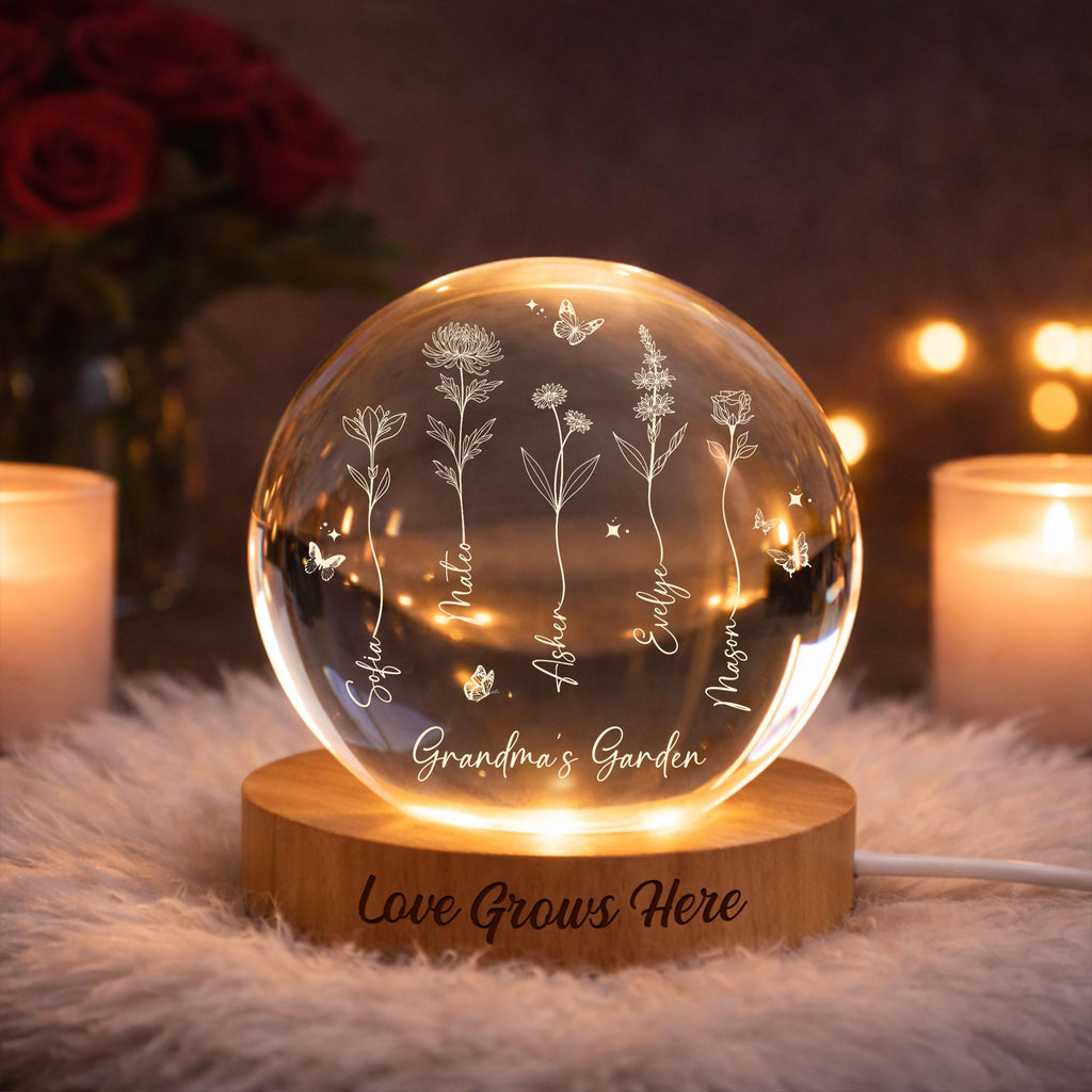 Grandma's Garden Birth Flower Crystal Ball Night Light, Custom LED Night Light With Kids Names, Mother's Day Gift, Family Birth Flower Gifts