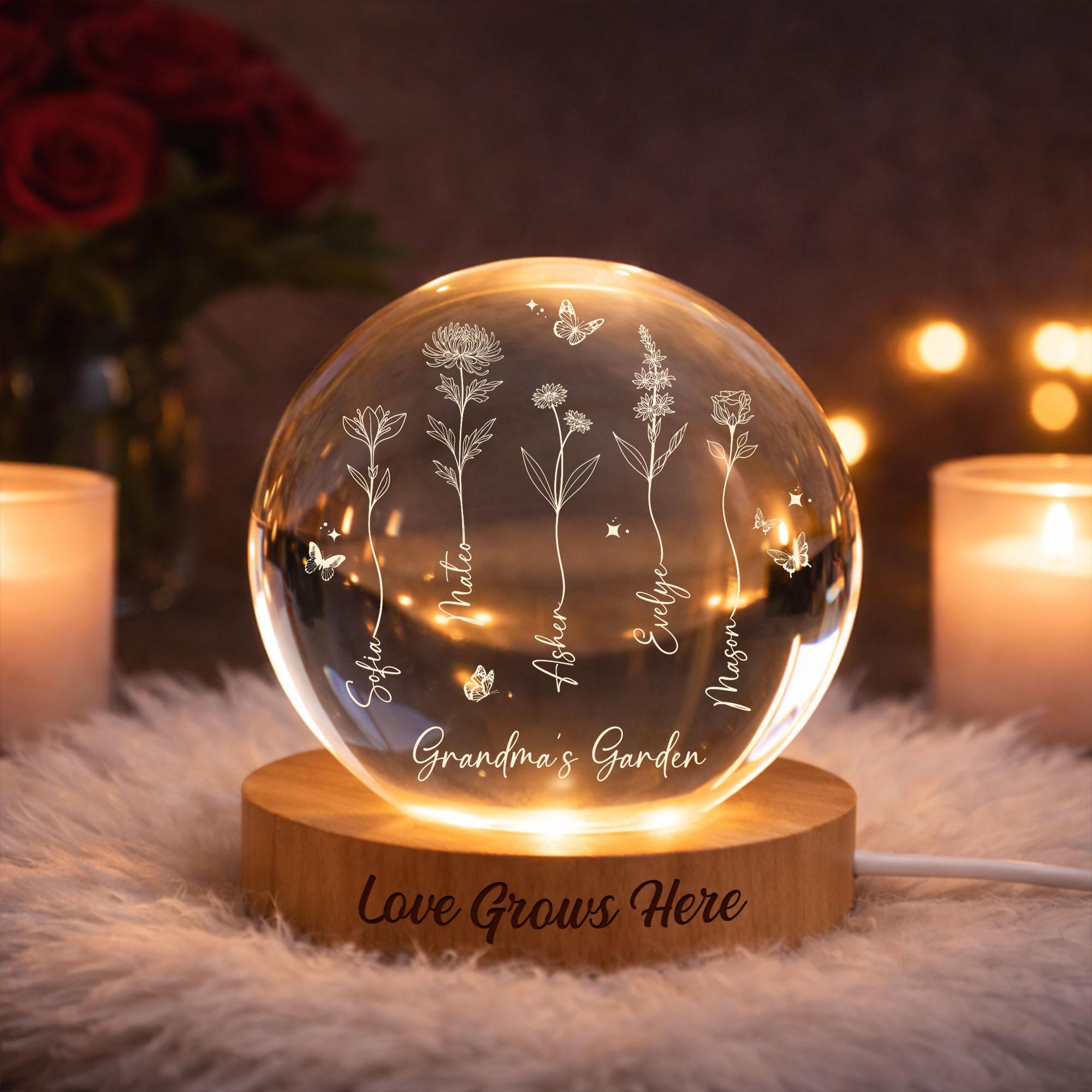 Grandma's Garden Birth Flower Crystal Ball Night Light, Custom LED Night Light With Kids Names, Mother's Day Gift, Family Birth Flower Gifts