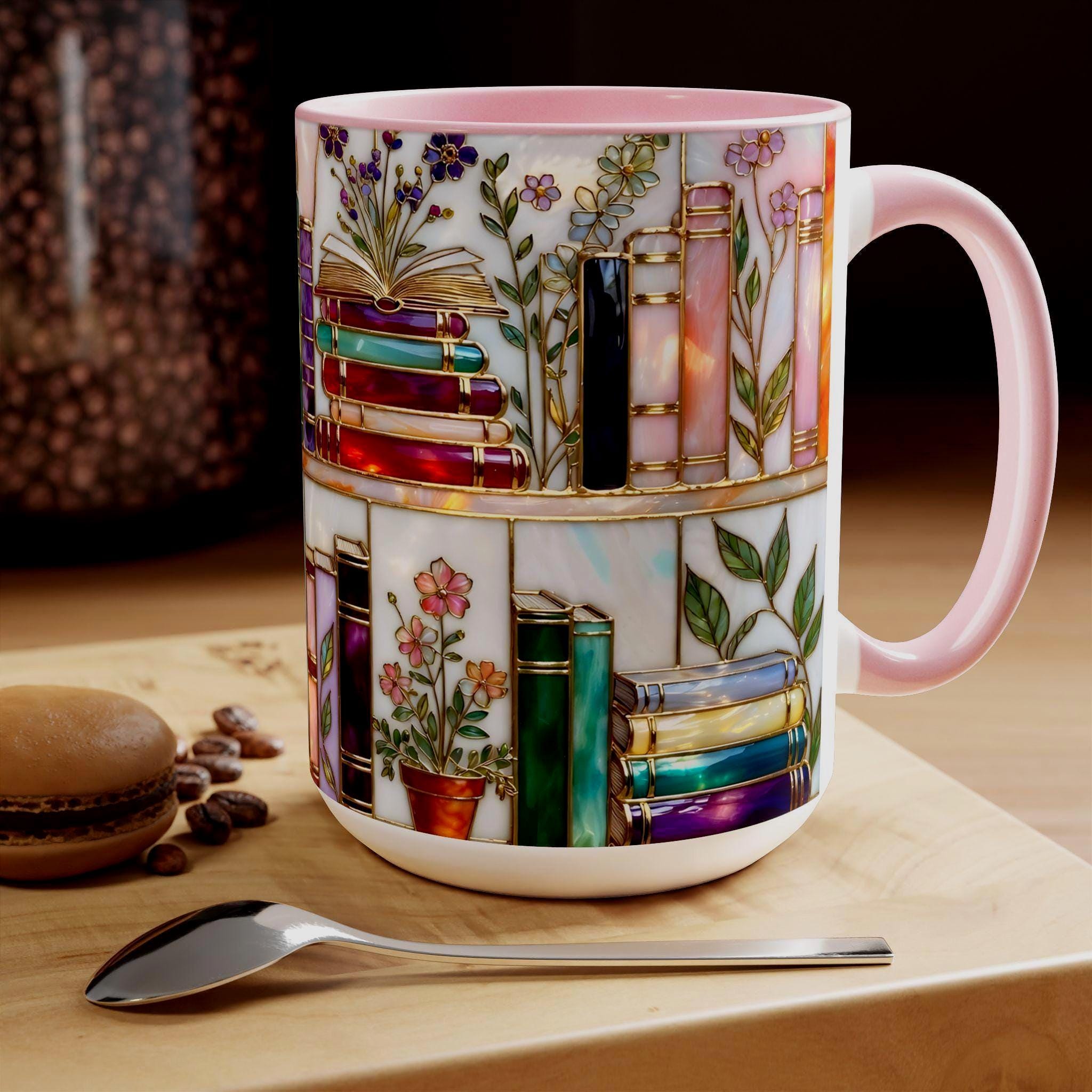 Stained-Glass Style Floral Bookshelf Mug, Book Lover Gift, Bookish Mug, Library Cup 11oz 15oz, bookshelf mug gift
