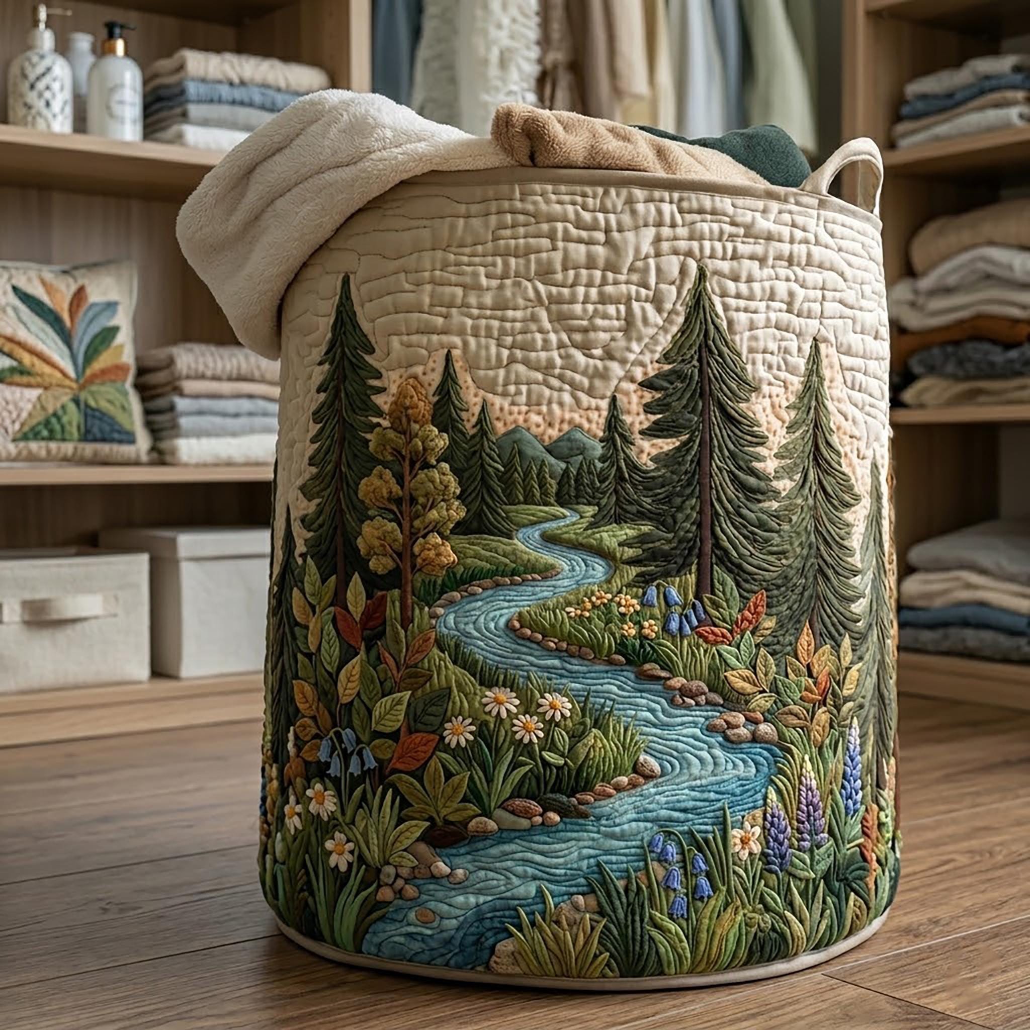 Deep Forest Stream Quilted Laundry Basket, Pine Forest Foldable Family Hamper, Woodland Storage Bin, Nature Room Decor
