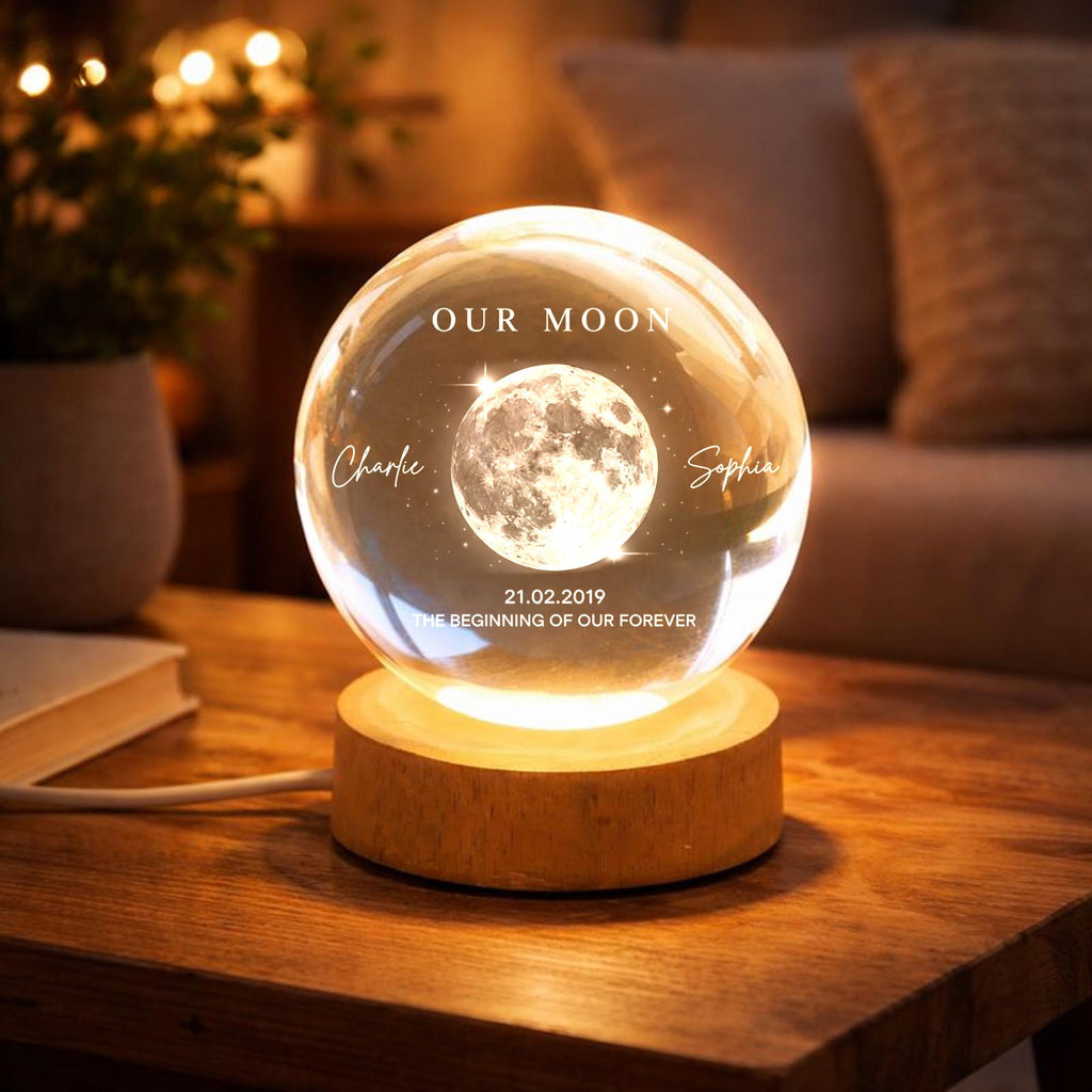 Our Moon Custom Moon Phase Crystal Ball Night Light, Personalized LED Glass Lamp, Valentine's Day Gift for Couple, Husband, Boyfriend, Wife