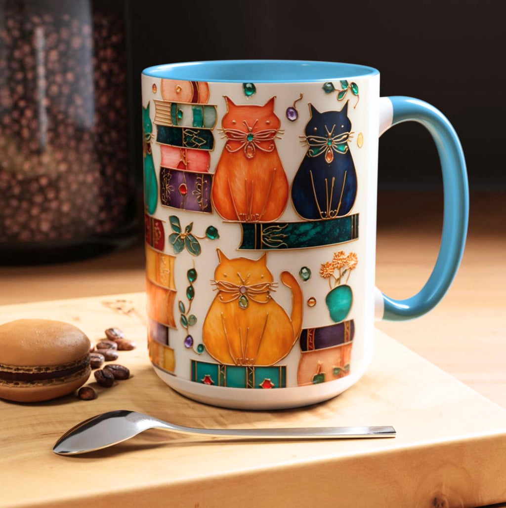 Stained Glass Look Cat Mug, Book Lover Ceramic Coffee Cup Bookish Cat Mom Gift