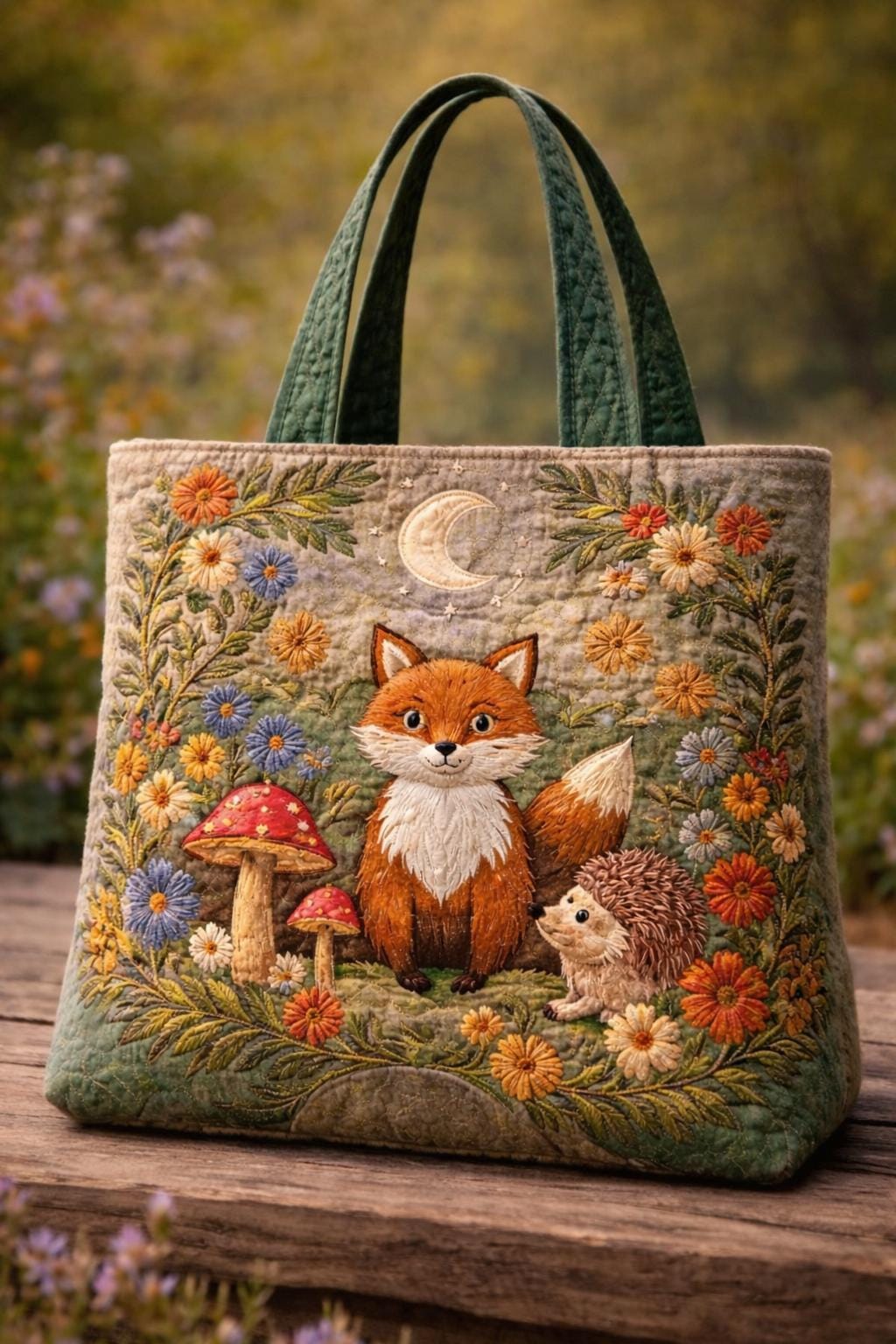 Fox and Hedgehog Garden Quilted Tote Bag, Woodland Animal Floral Tote Bag, Nature Lover Tote Bag, Gift for Her