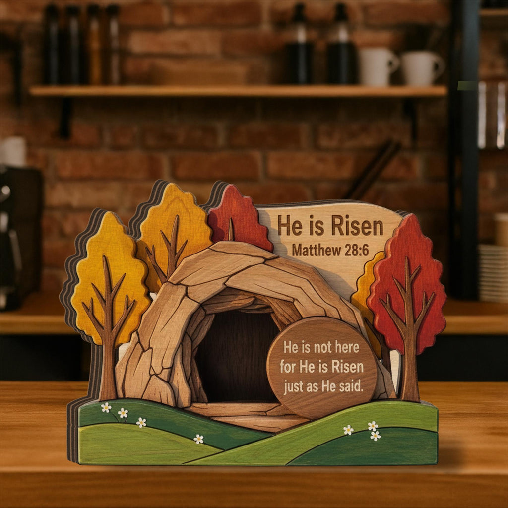 Wooden Block, 3 Layer Empty Tomb Scene, Matthew 28_6 Bible Verse Decor, He is Risen Wood Sign_ Jesus Resurrection Scene, Easter Decor