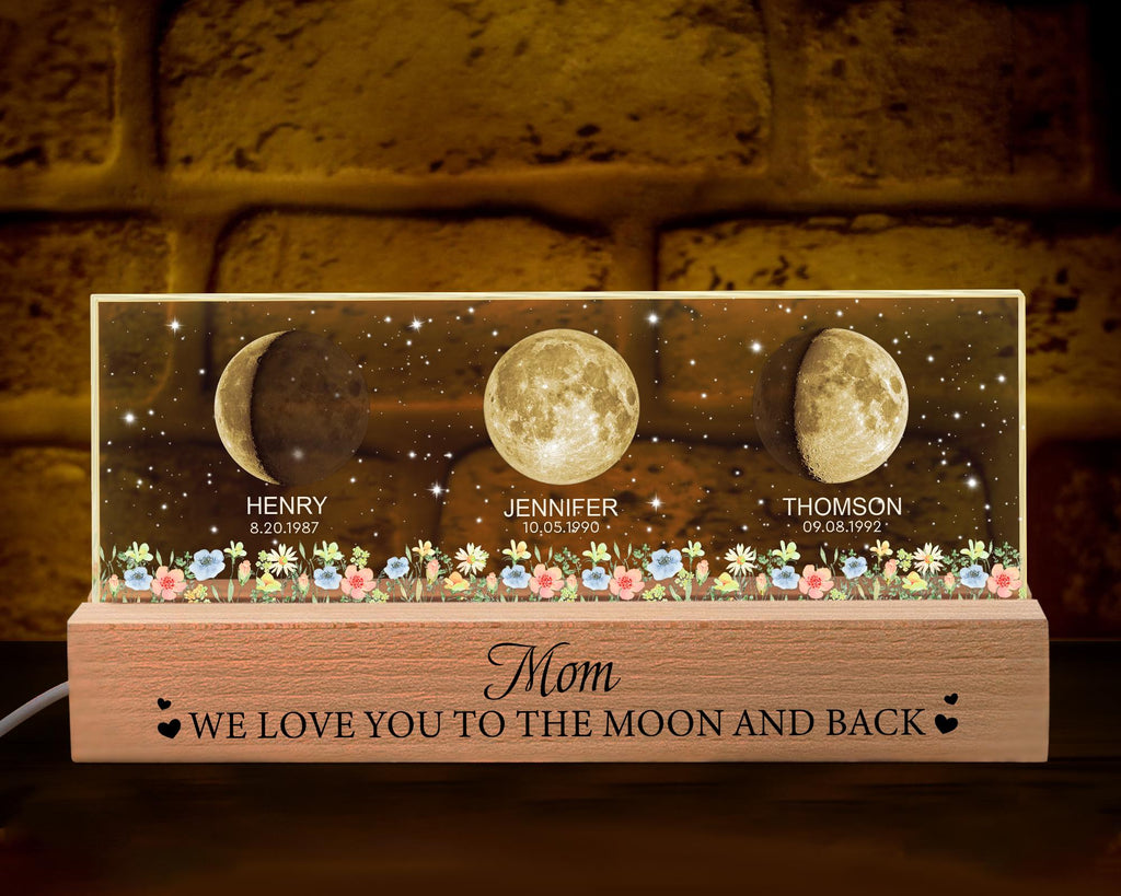 Custom Mom Moon Phase Night Light, Mothers Day Gifts for Mom, Custom Birth Moon Phase Light With Kids Name, Gift for Grandma, Mama Gifts