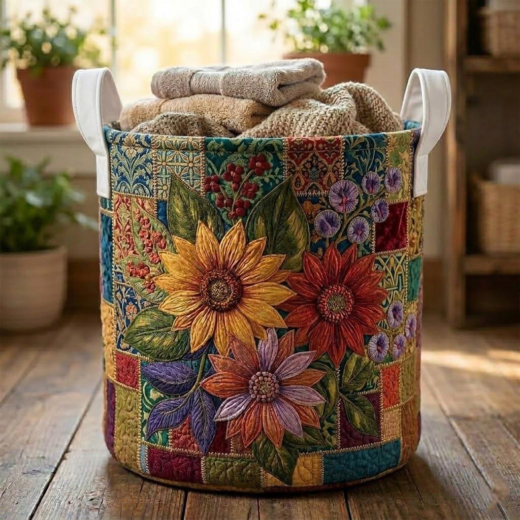 Wild Flower Patchwork Quilted Laundry Basket_ Floral Design Family Storage Bin