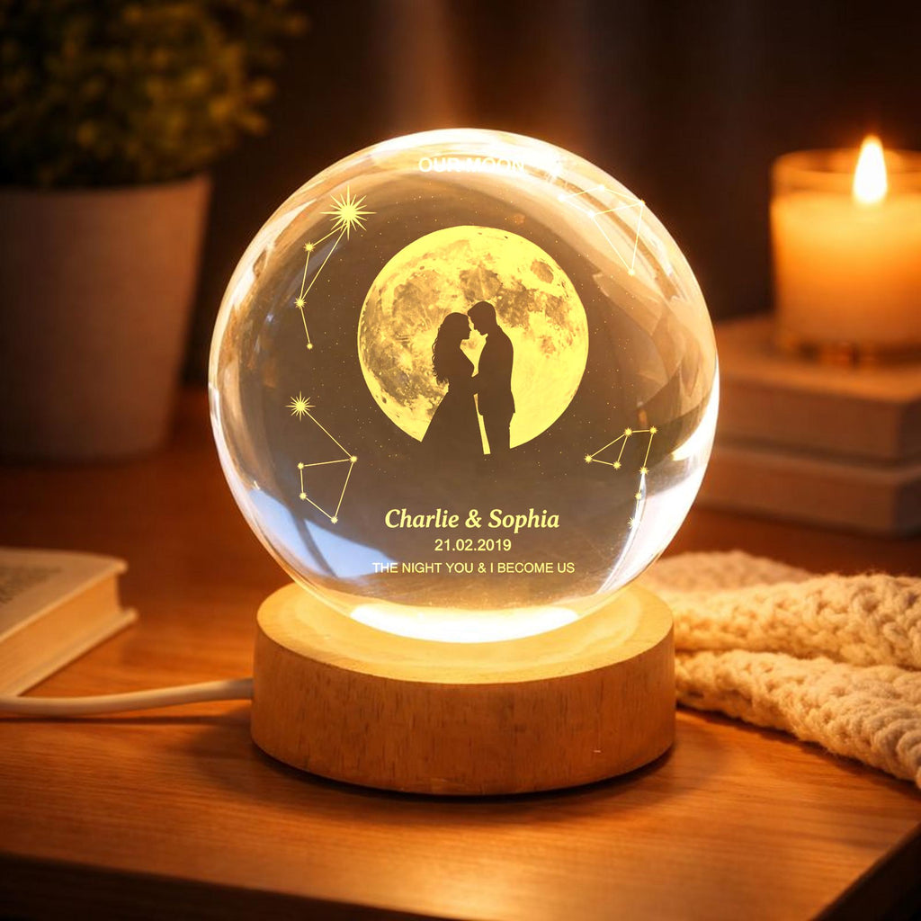 Our Moon Custom Moon Phase Light, Personalized Crystal Ball LED Night Light, Anniversary Gift for Couple, Valentine Gift for Husband Wife