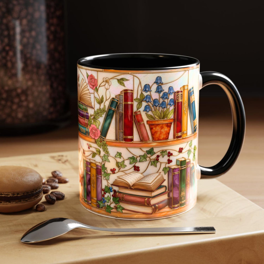 Stained Glass Bluebell Mug, Floral Ivy Bookshelf Cup, Cottagecore Reader Gift, Rose Library Art, Botanical Book Lover, 11oz 15oz, Gift Mug – Thoughtful Design for Coffee Lovers
