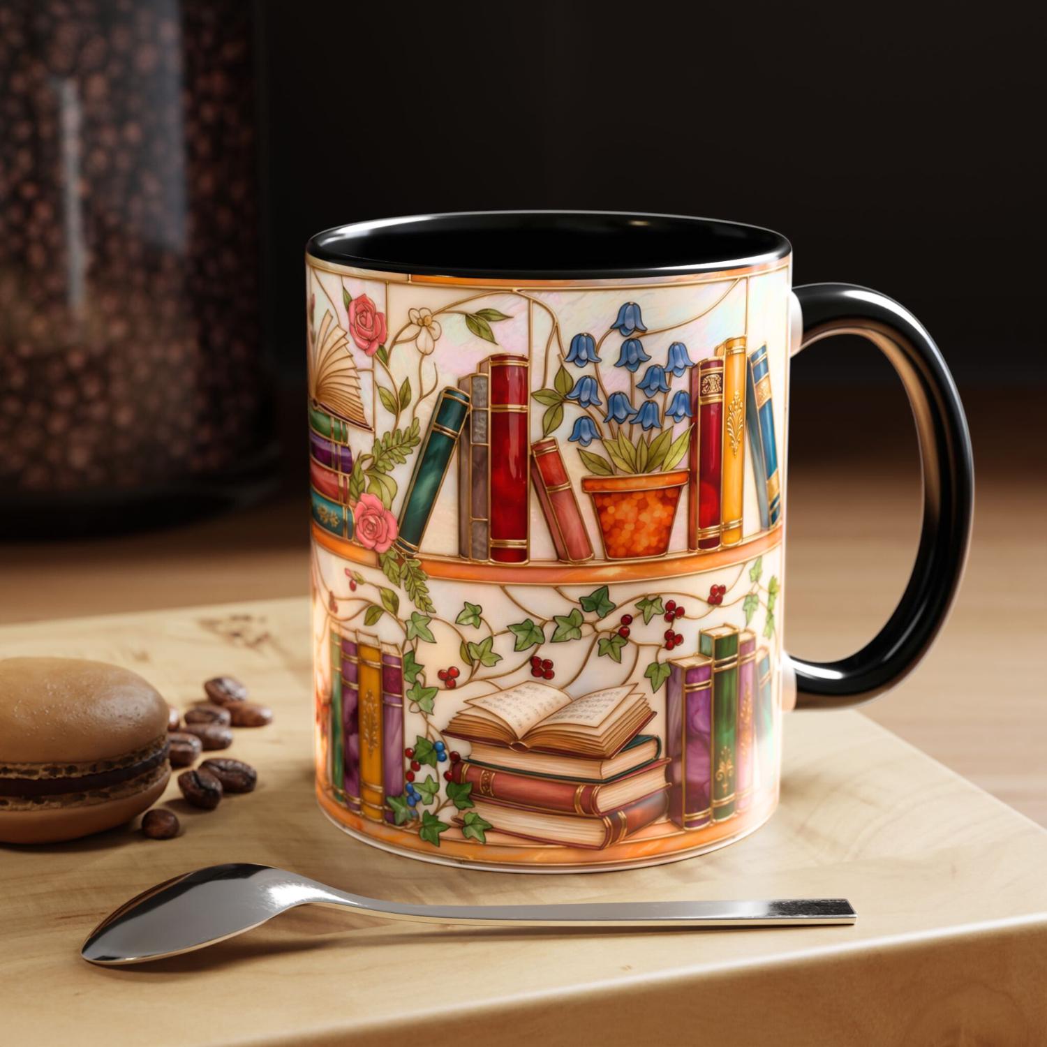 Stained Glass Bluebell Mug, Floral Ivy Bookshelf Cup, Cottagecore Reader Gift, Rose Library Art, Botanical Book Lover, 11oz 15oz, Gift Mug – Thoughtful Design for Coffee Lovers