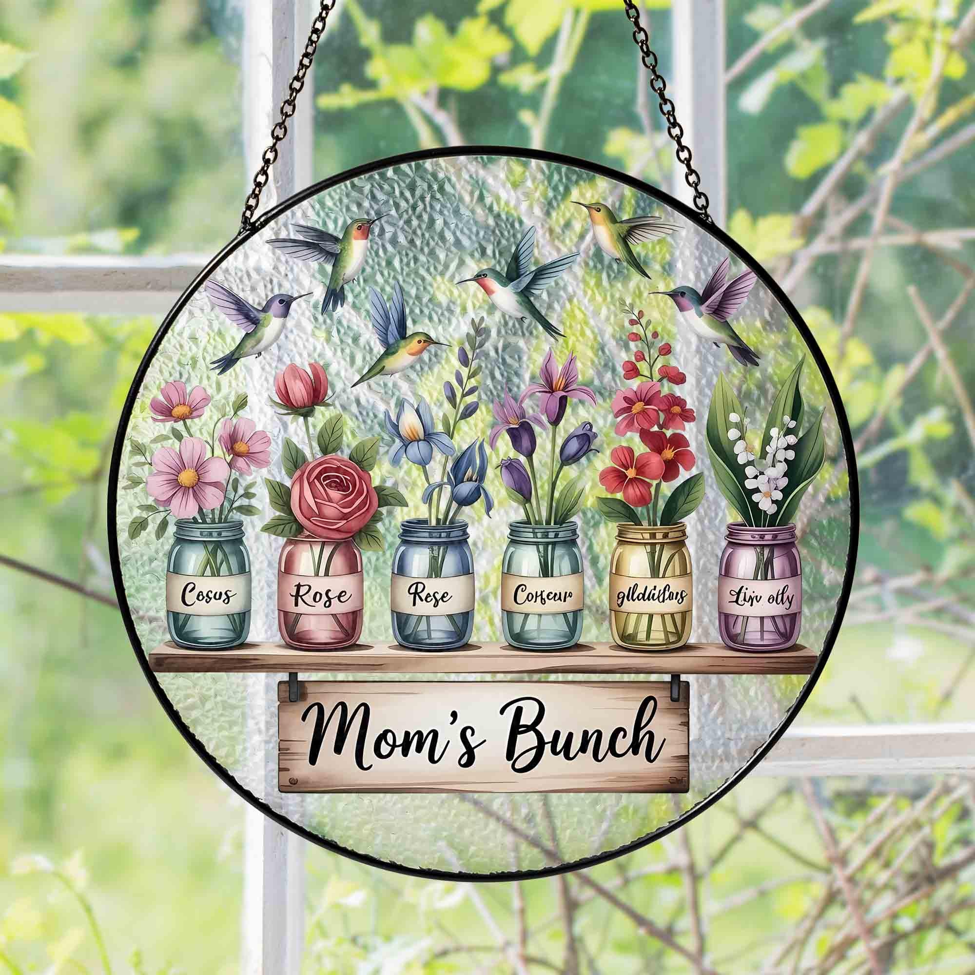Personalized Grandma's Garden Suncatcher, Birth Month Flower Stained Glass Acrylic Window Hanging, Valentine Gift, Grandma Gift, Mom Gifts