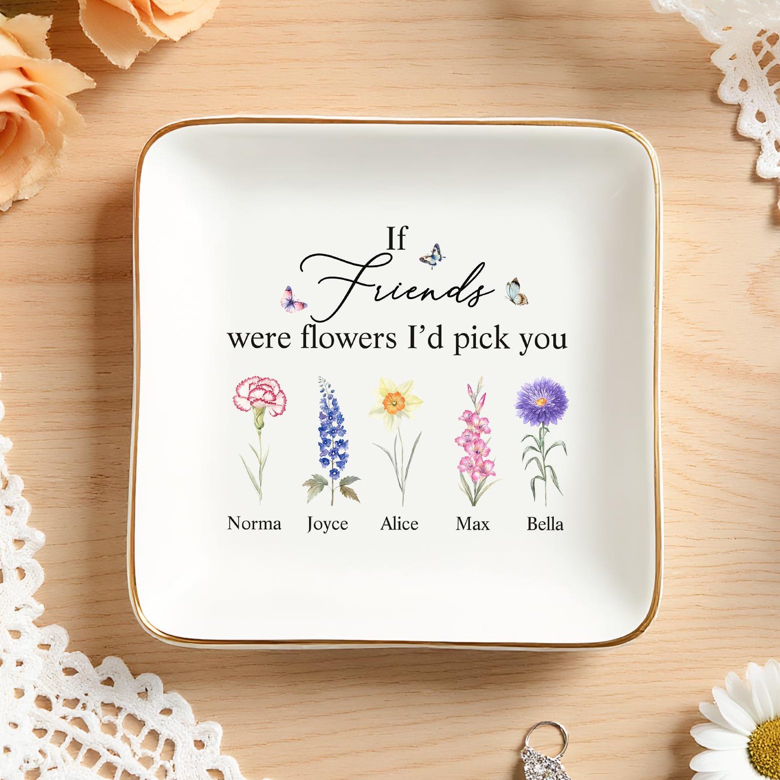 Personalized Friend Ceramic Ring Dish, Birth Flower Jewelry Holder, Wedding Bridesmaid Gift, Birthday Jewelry Dish, Christmas Gifts