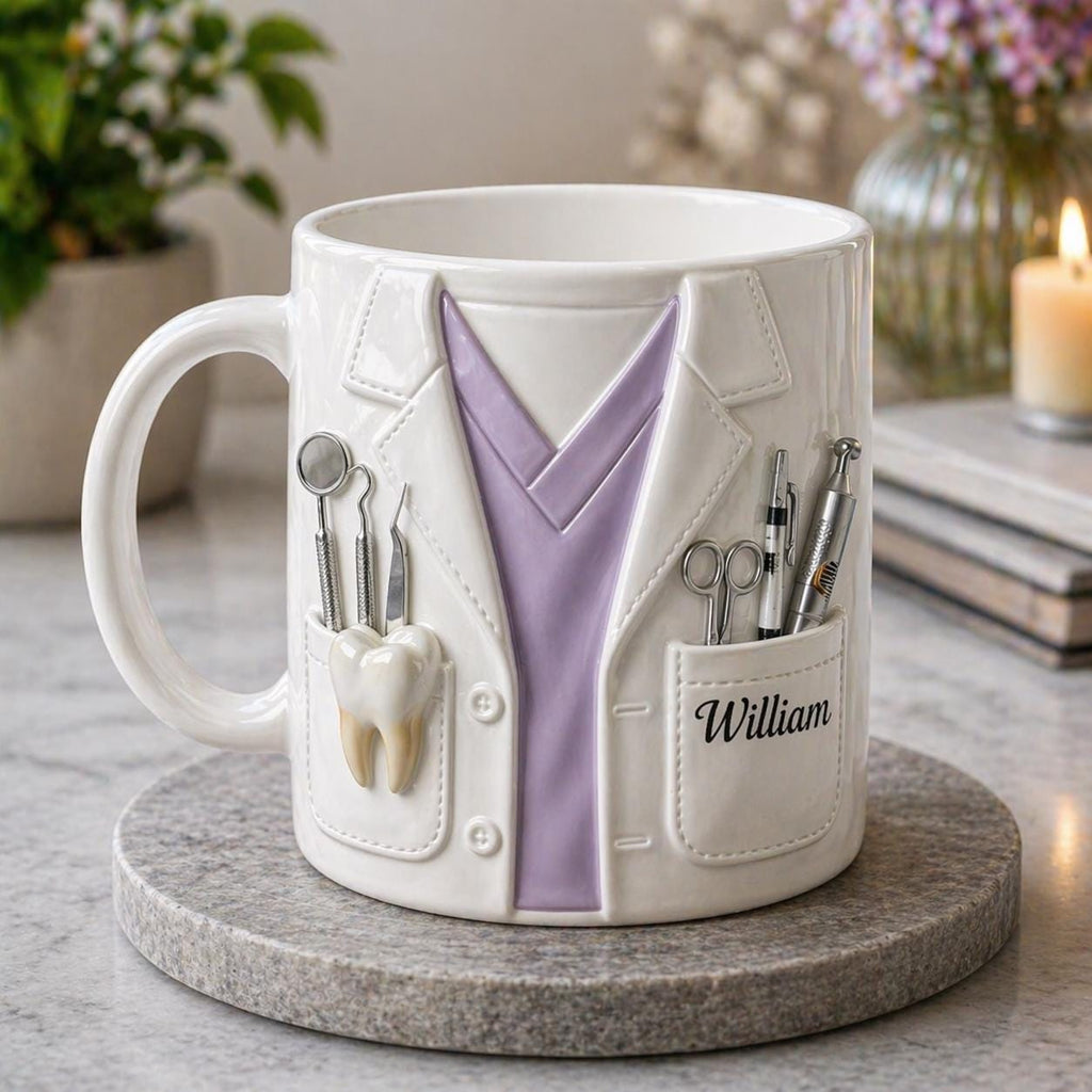 Personalized Dentist Mug Gift, Custom Name Dental Coat Coffee Cup, Clinic Office Mug, Dental Hygienist Appreciation Gift