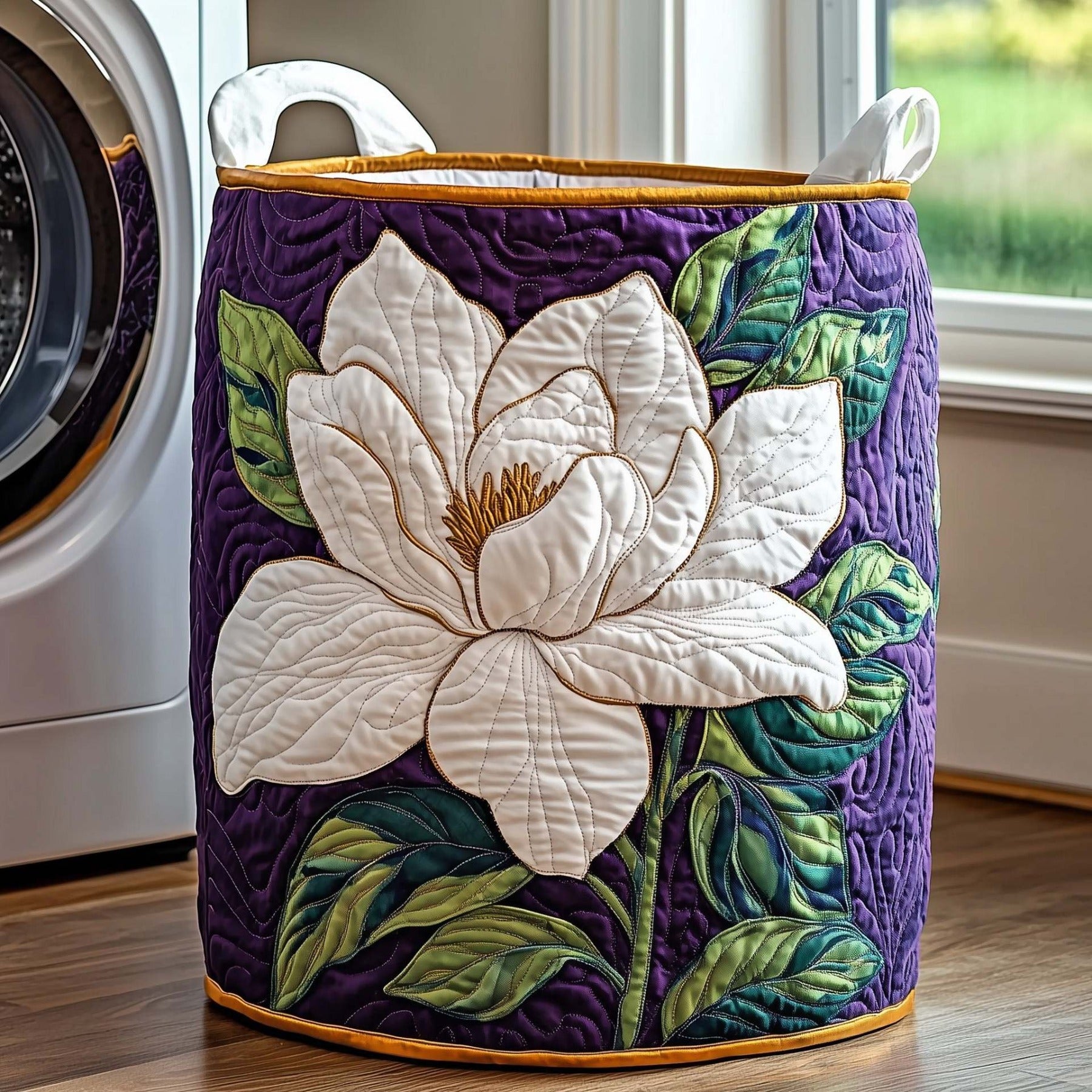 Bohemian Quilted Laundry Basket with Handles, Large Oval Fabric Storage Bin, Decorative Clothes Hamper for Bedroom, Bathroom & Towels