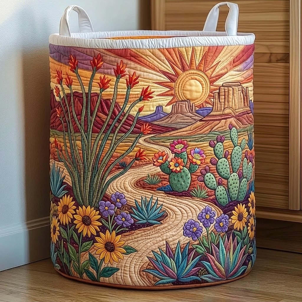 Sunrise Cactus Quilted Laundry Basket_ Daybreak Dune Hamper, Natural Lover Storage Bin