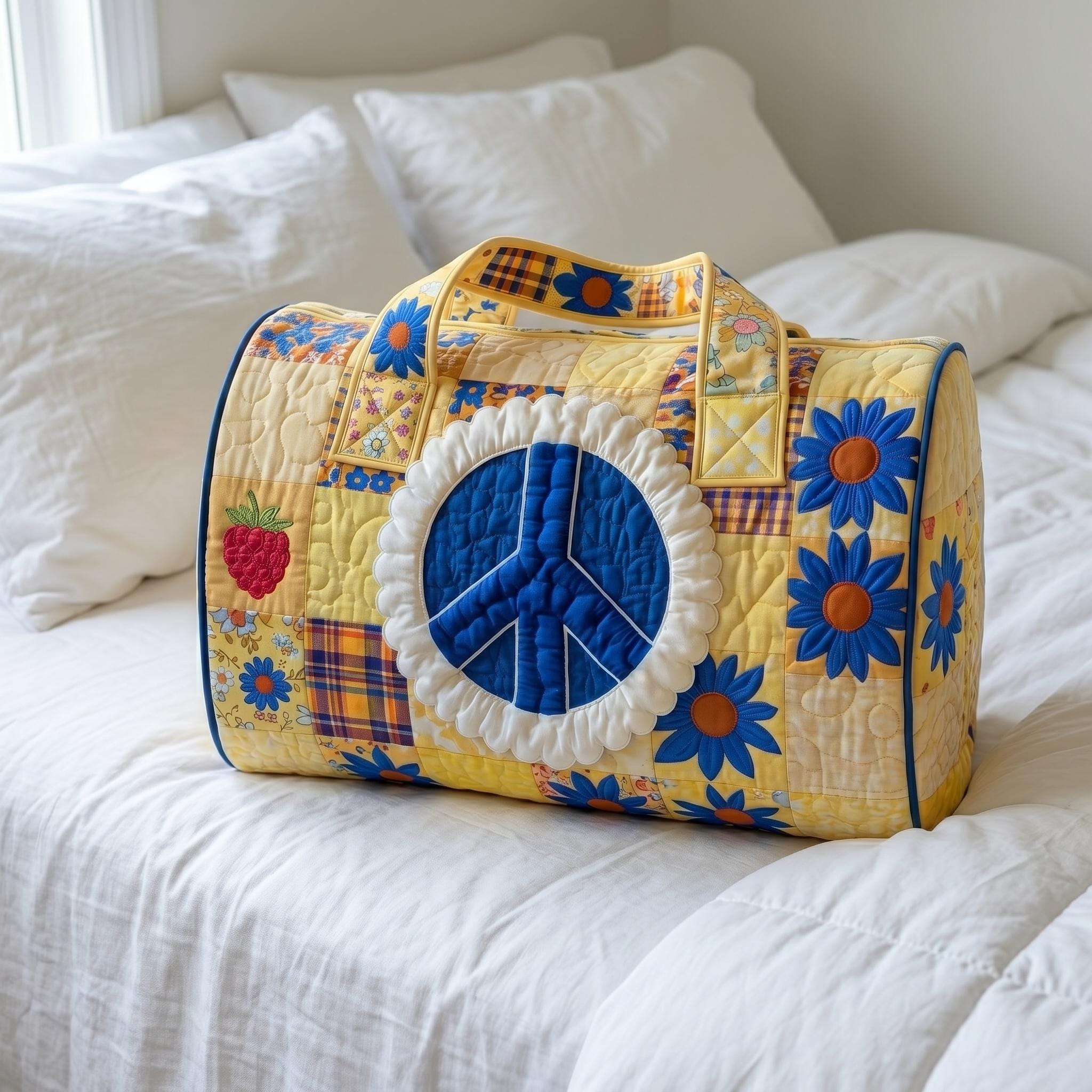 Peace Sign Quilted Duffle Bag, Retro Floral Style, Hippie Traveler Gift, Weekend Travel Bag