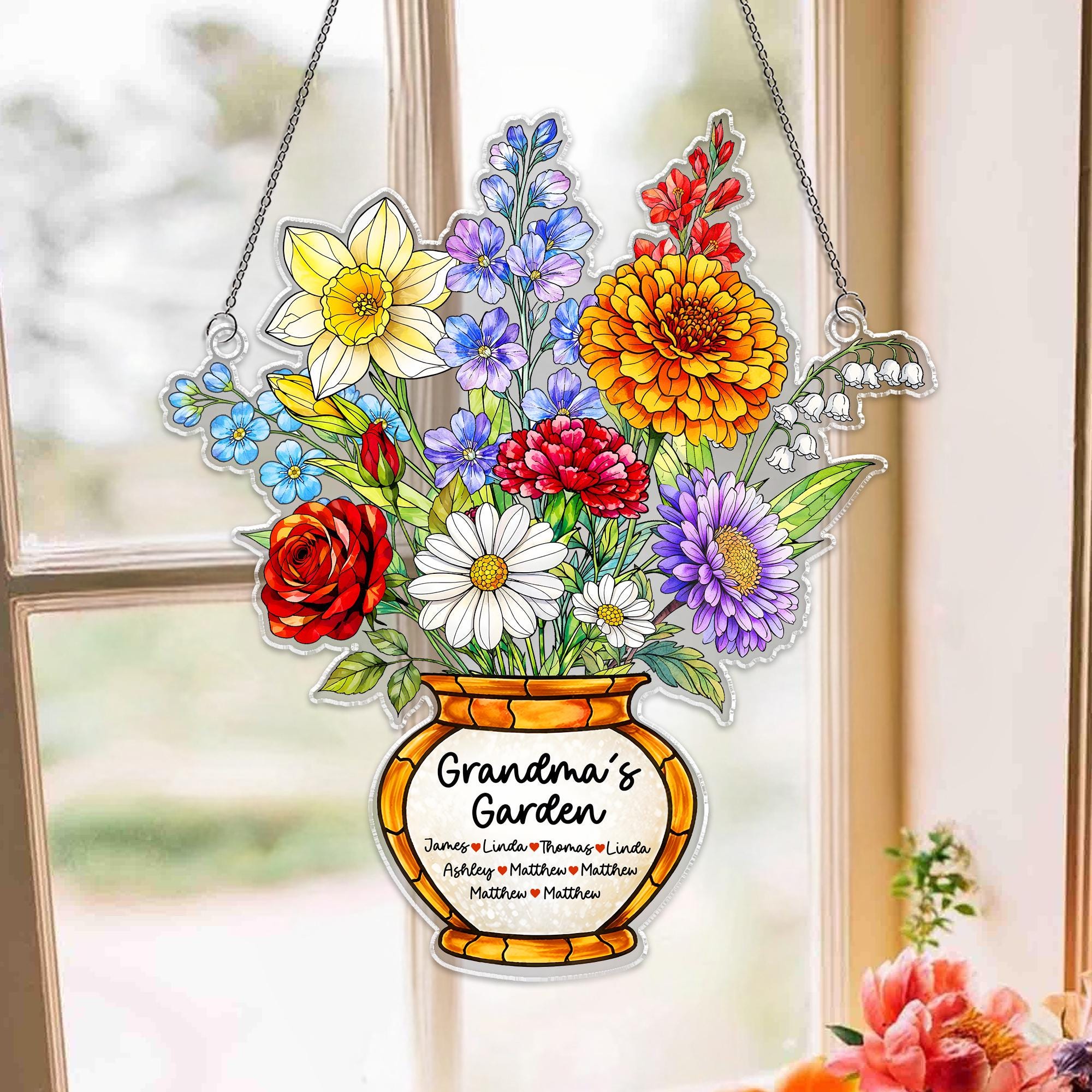 Personalized Grandma's Garden Acrylic Suncatcher, Birth Month Flower Window Hanging, Gift for Mom Grandma, Birth Month Decor, Birthday Gift