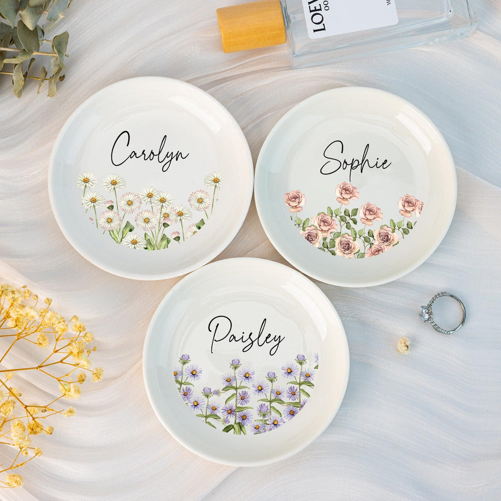 Personalized Birth Flower Jewelry Dish,custom Ceramic Ring Dish,wedding Bridesmaid Gifts,brithday Party Gift for Bestie,mother's Day Gifts
