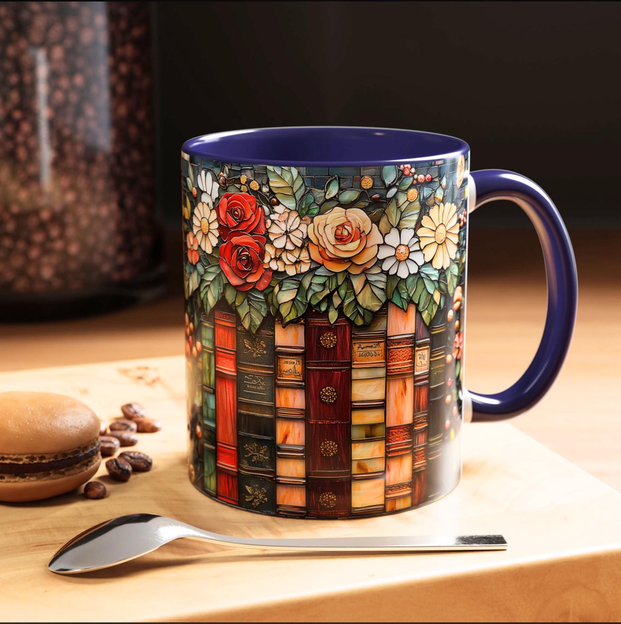 Floral Bookshelf Mug_ Faux Stained Glass Ceramic Coffee Cup Bookish Literature and Kitchen Booklover