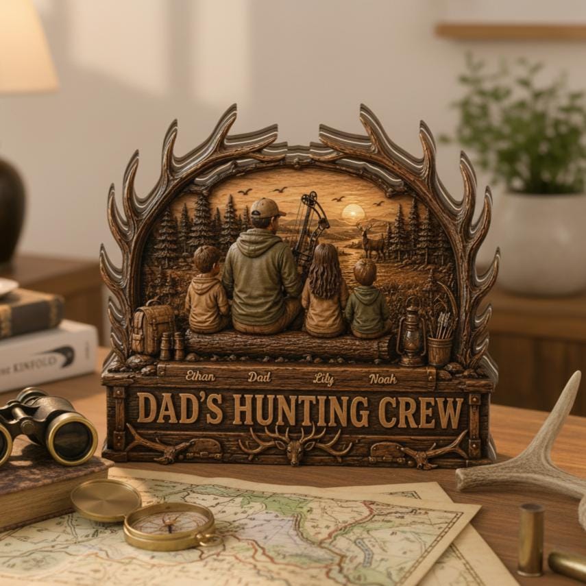 Personalized Hunting Dad Book 2D FLAT Wooden Sculpture Father Day Gift for Dad From Kids Custom Outdoorsman Daddy Keepsake Gifts for Grandpa