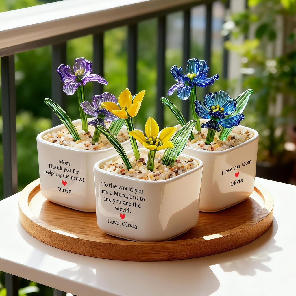 Hand Blown Glass Potted Flowers, Custom Birth Flower Pot, Mother's Day Gift, Stained glass Plant,Home Decor,Housewarming Gift,Gift for Mom