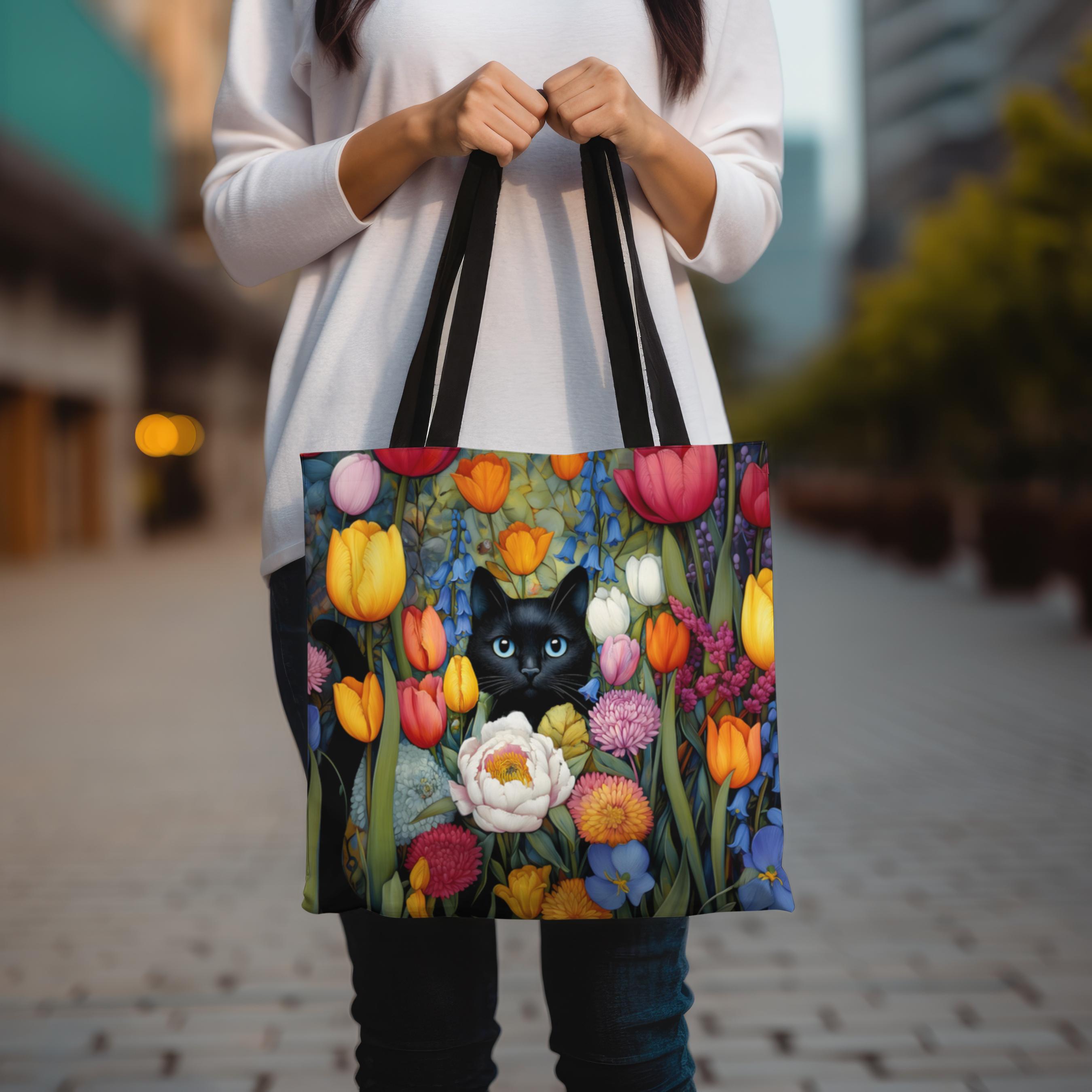 Black Cat Floral Tote Bag With Colorful Spring Flowers, Reusable Shoulder Bag for Cat Lovers