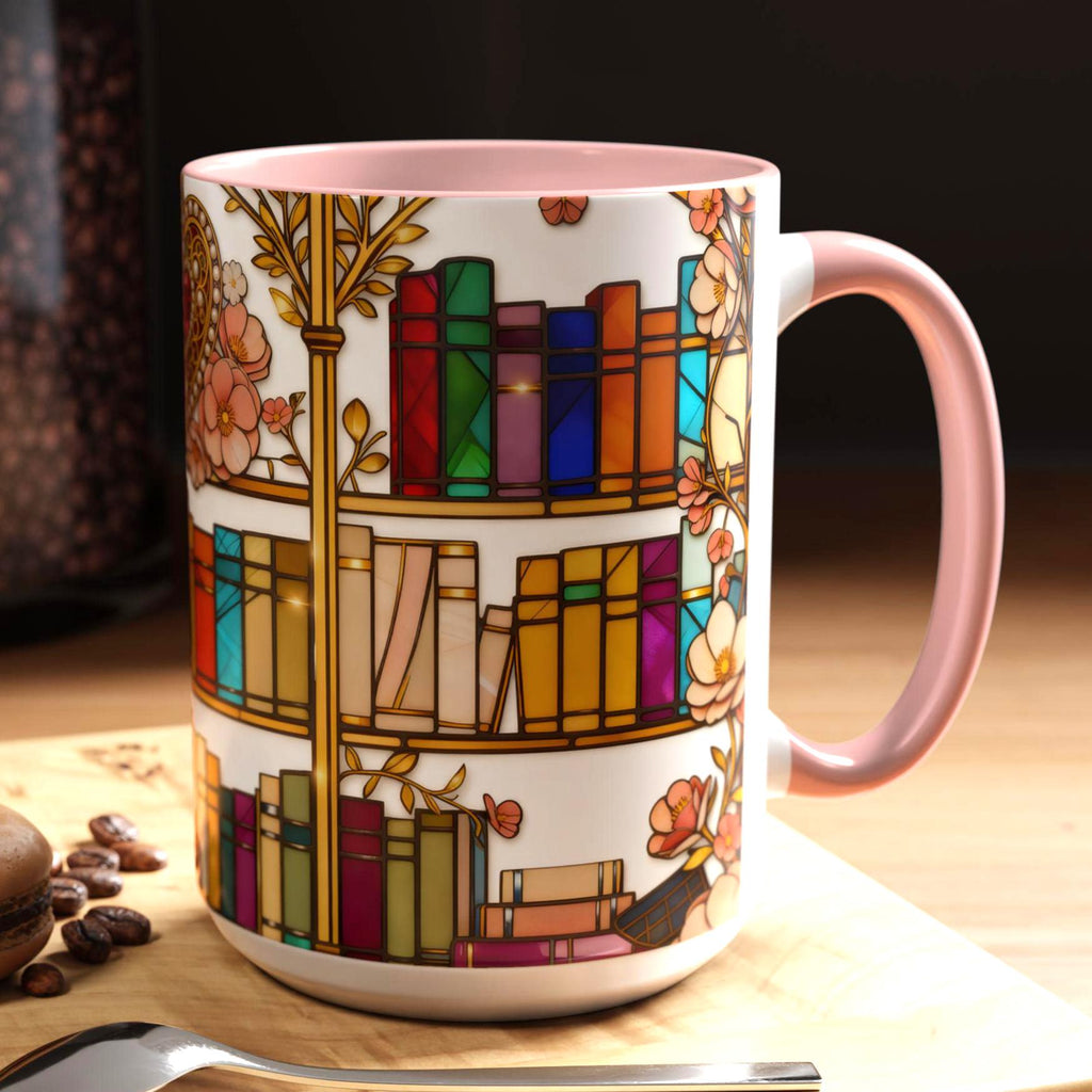 Stained Glass Bookshelf Mug, Romantic Floral Book Lover Coffee Cup, Luxury Reader Gift