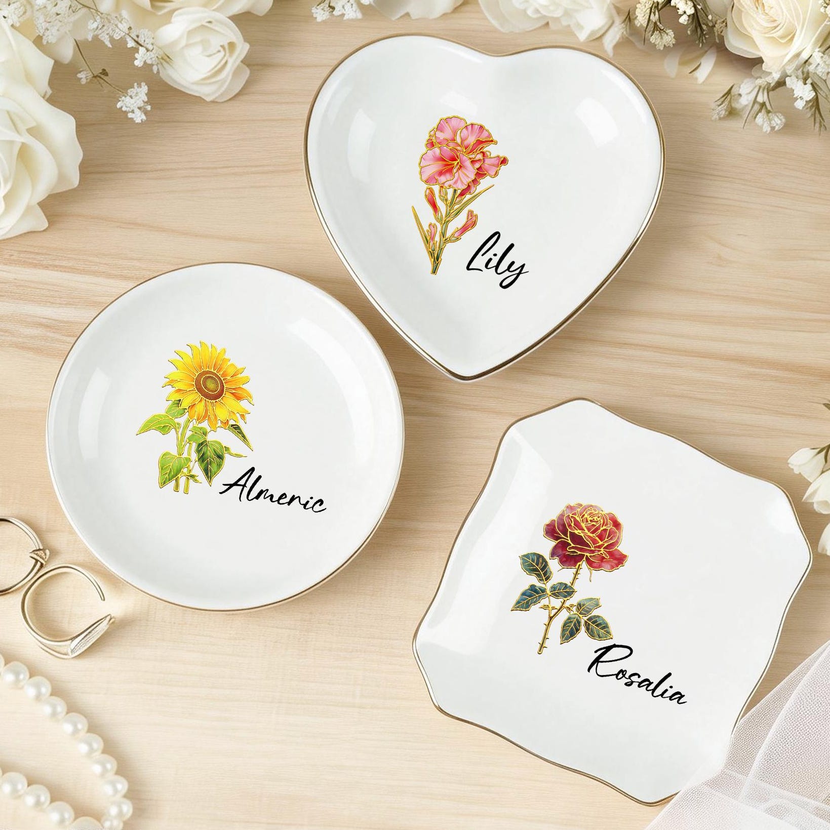 Custom Gold Rim Birth Flower Dish, Personalized Jewelry Tray, Floral Ring Holder, Birthday Gift, Bridesmaid Gift, Gift for Mom