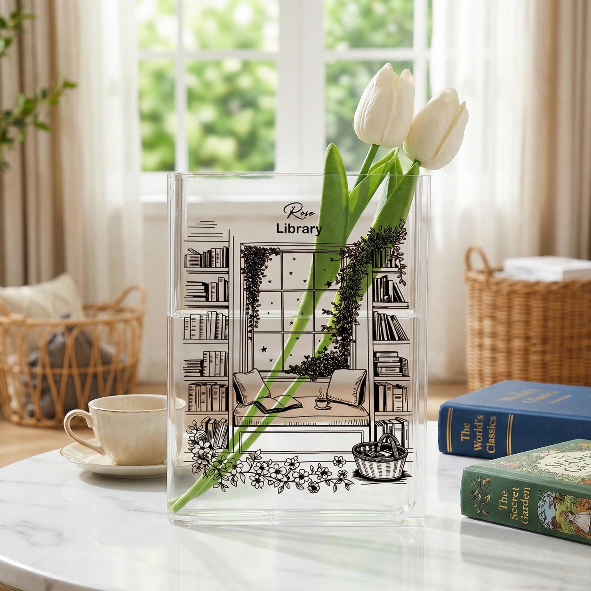 Line-art Library Acrylic Book Vase, Vintage Library Art Bookish Vase, Bookshelf Scene Book Shaped Vase Decor, Custom Gift for Book Lovers