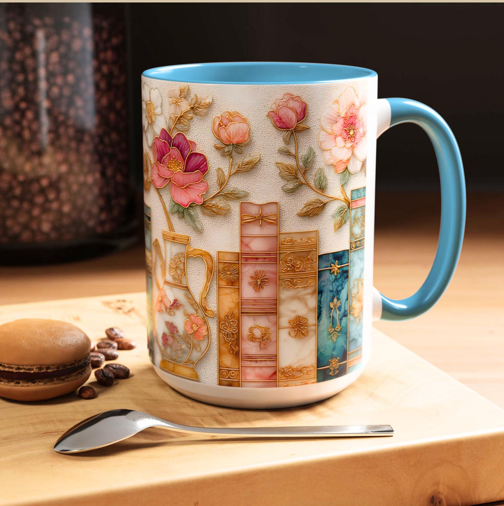 Book Lover Floral Bookshelf Coffee Mug, Stained Glass Style, Bookish Mom Gift