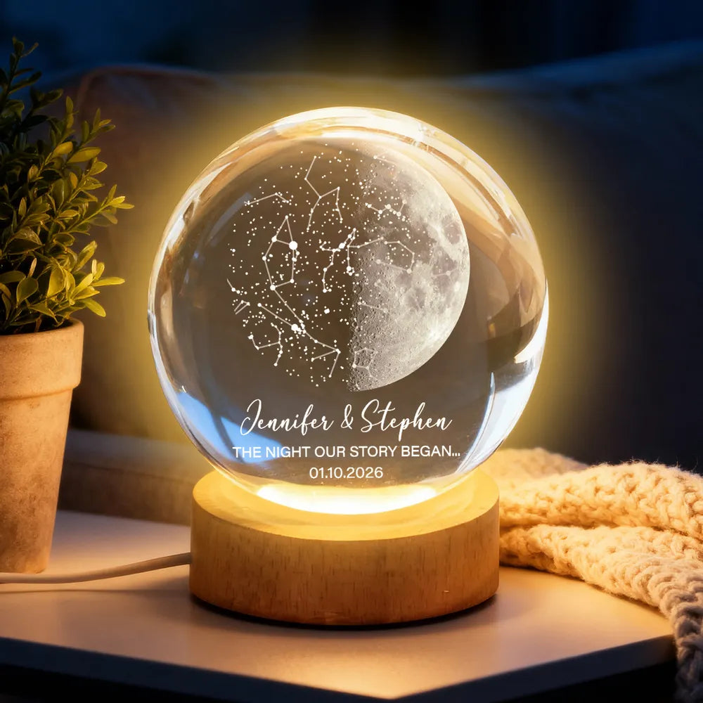 Custom Moon Phase & Star Map by Date - Personalized Crystal Ball Night, Custom Crystal Ball Night Light, Moon Phase Print, Valentines Day Wedding Anniversary Gift for Couple
