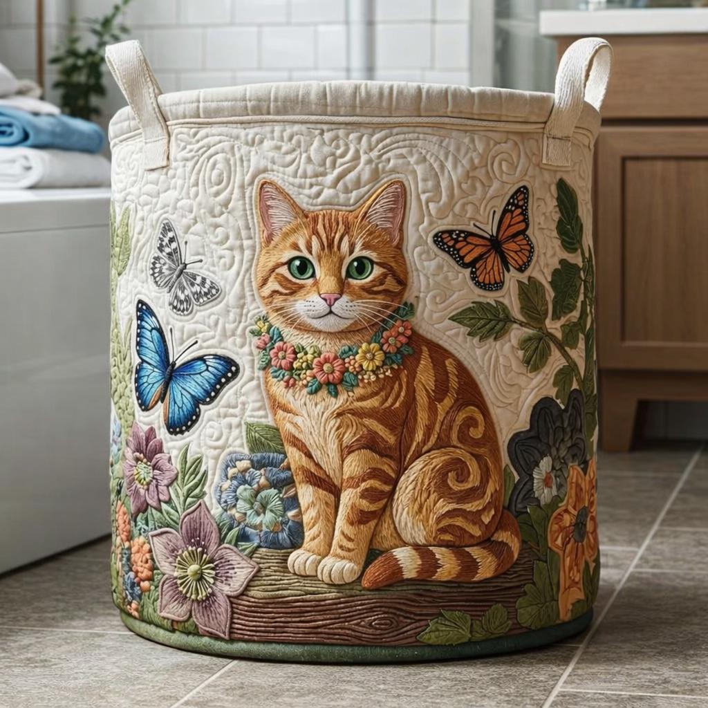 Floral Cat Quilted Laundry Basket_ Cute Cat Clothes Hamper, Gift for Grandma
