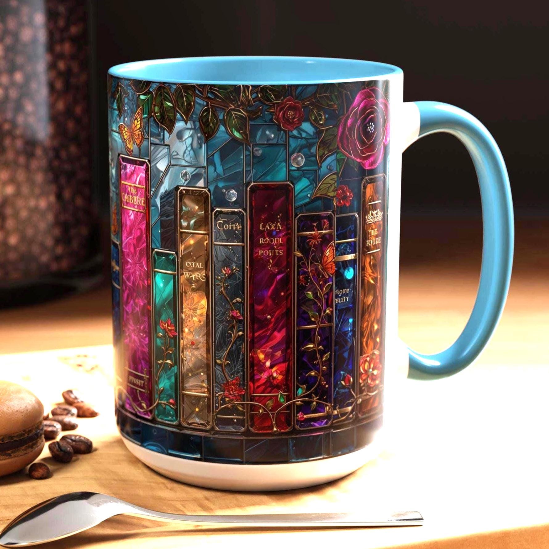 Bookish Stained Glass Mug _ Vintage Bookshelf, Cozy Reader Gift, Cozy Reader Gift, Book Lover Gift, Reading Mug for Women, Library Aesthetic Cup 15oz