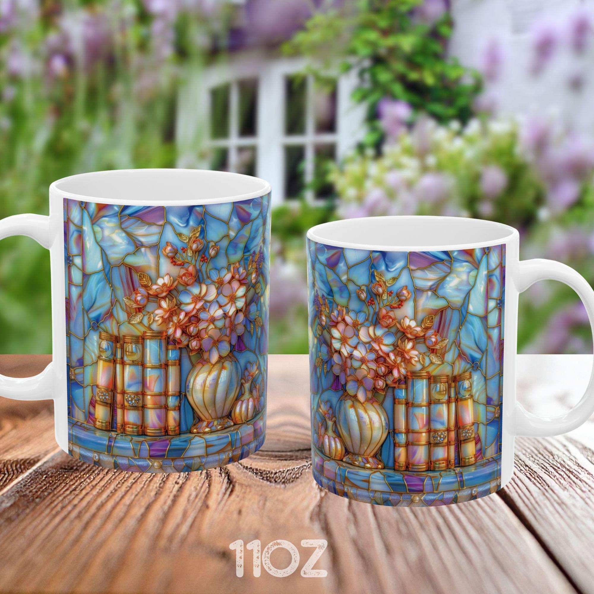 Floral Bookshelf Coffee Mug_ Books and Flowers Faux Stained-glass Ceramic Mug, Book Lover Gift for Friend, Mom
