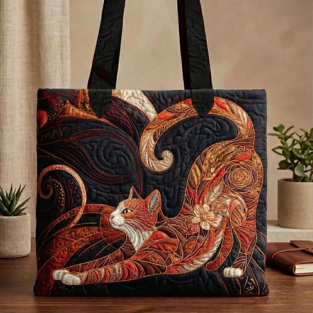 Custom Stained Glass Cat Tote Bag _ Personalized Quilted Style Art _ Colorful Patchwork Cat Gift