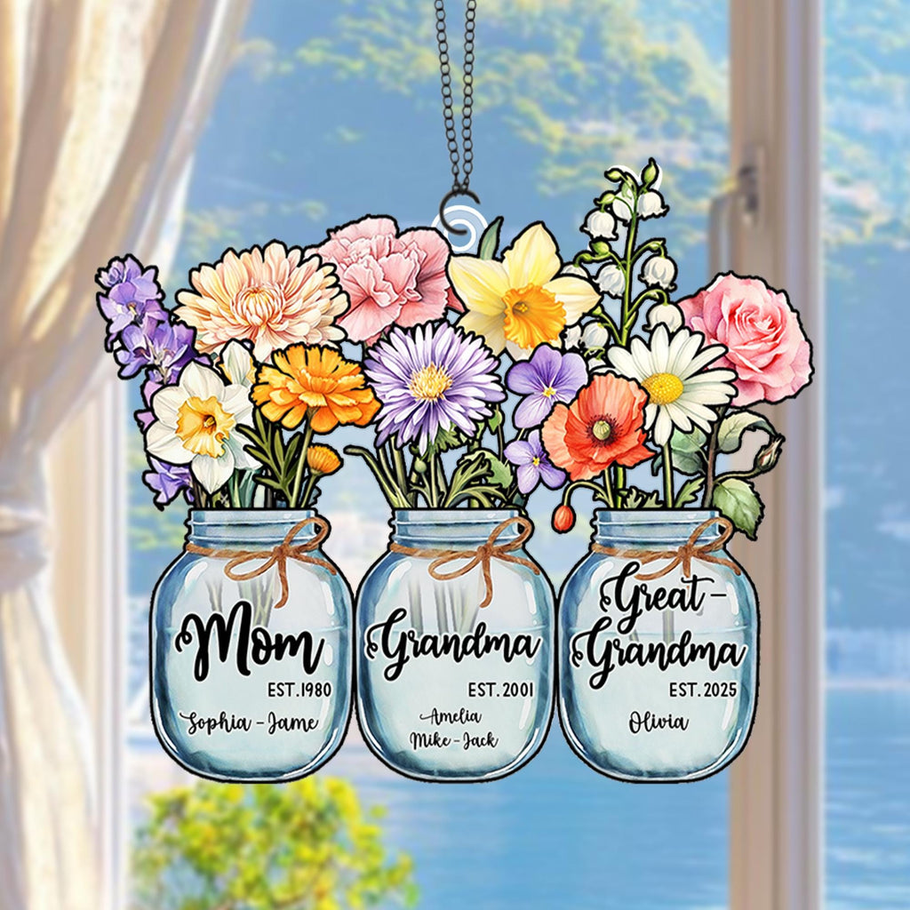 Custom Great Grandma's Garden Suncatcher, Birth Month Flower Acrylic Window Hanging, Grandma Suncatcher, Gift From Grandkids, Christmas Gift