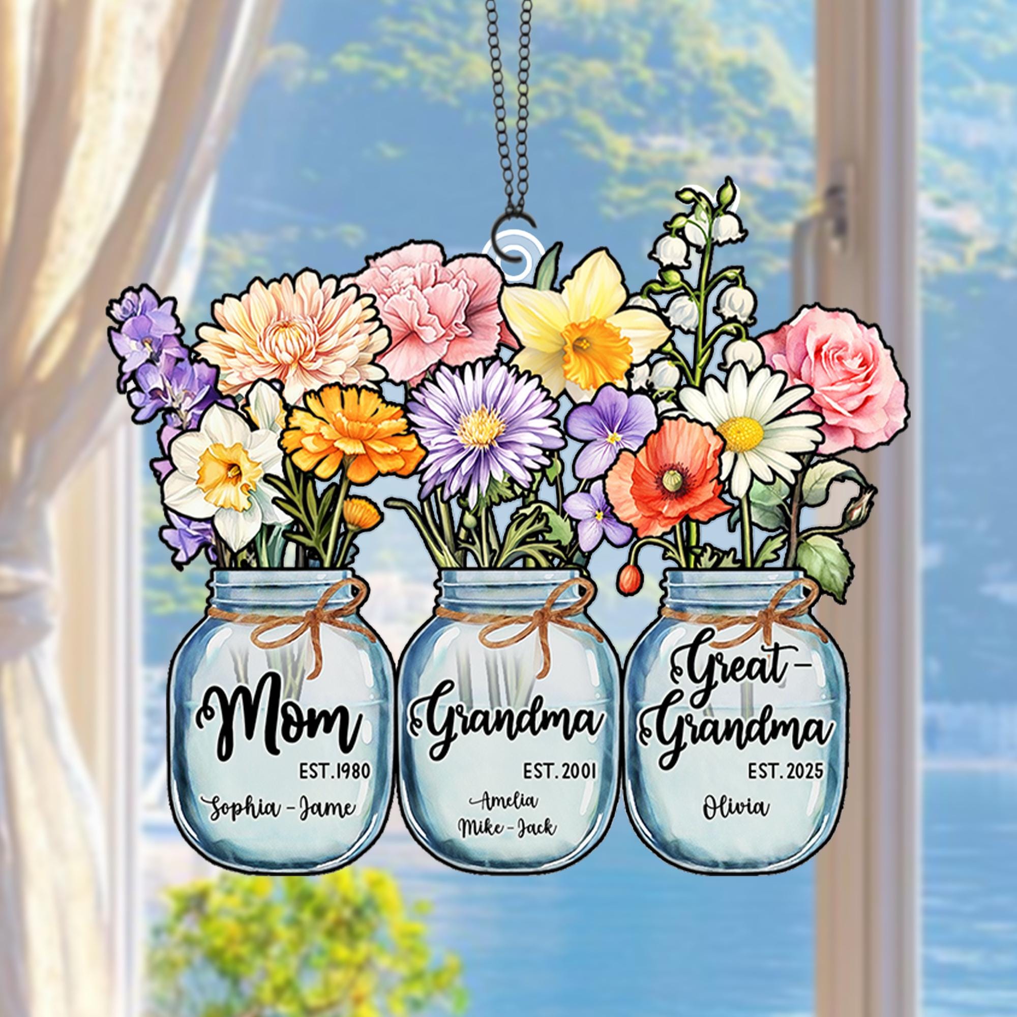 Custom Great Grandma's Garden Suncatcher, Birth Month Flower Acrylic Window Hanging, Grandma Suncatcher, Gift From Grandkids, Christmas Gift