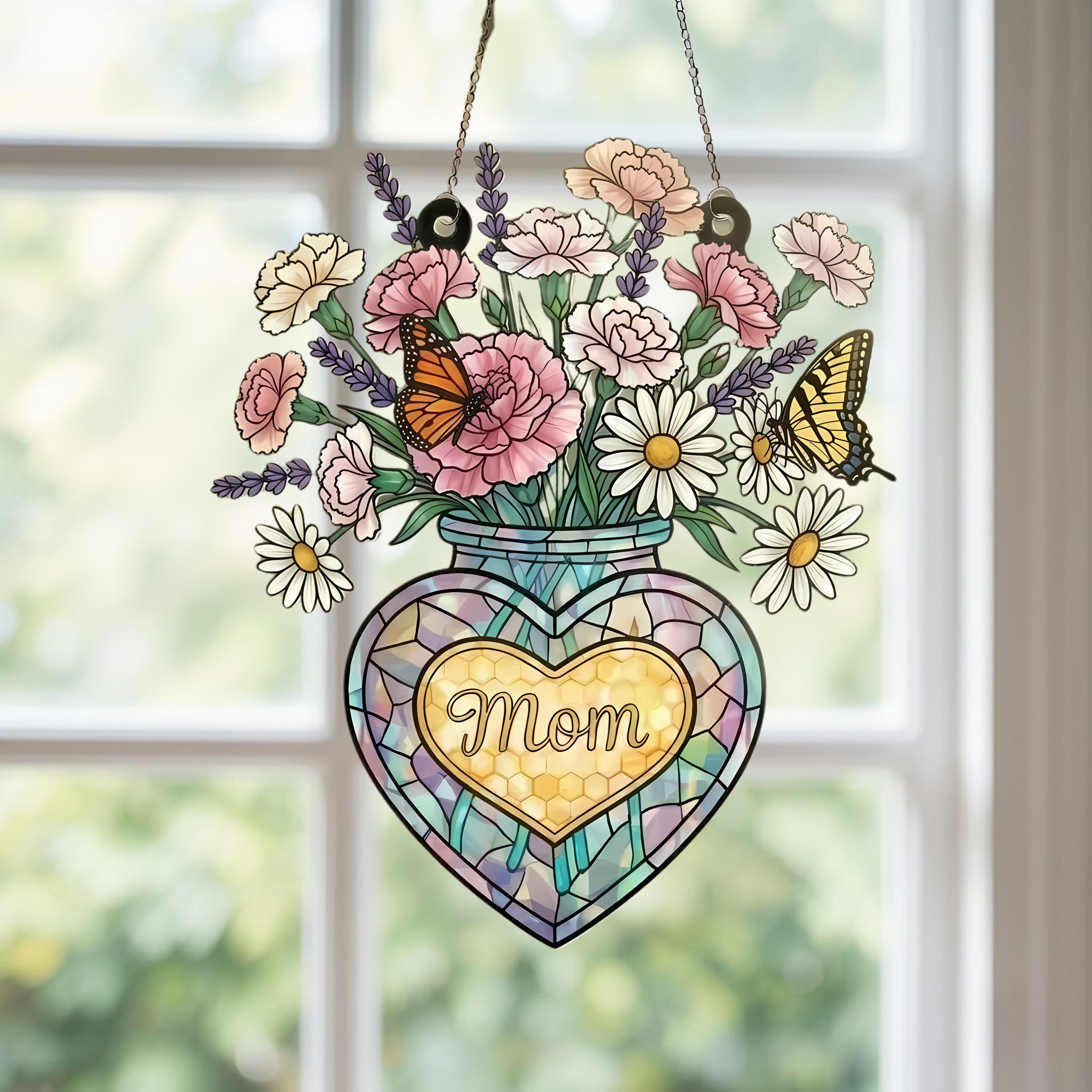 Mom Suncatcher With Vase of Flowers, Stained Glass Style Window Hanging With Butterflies, Heart Jar Mother's Day Gift