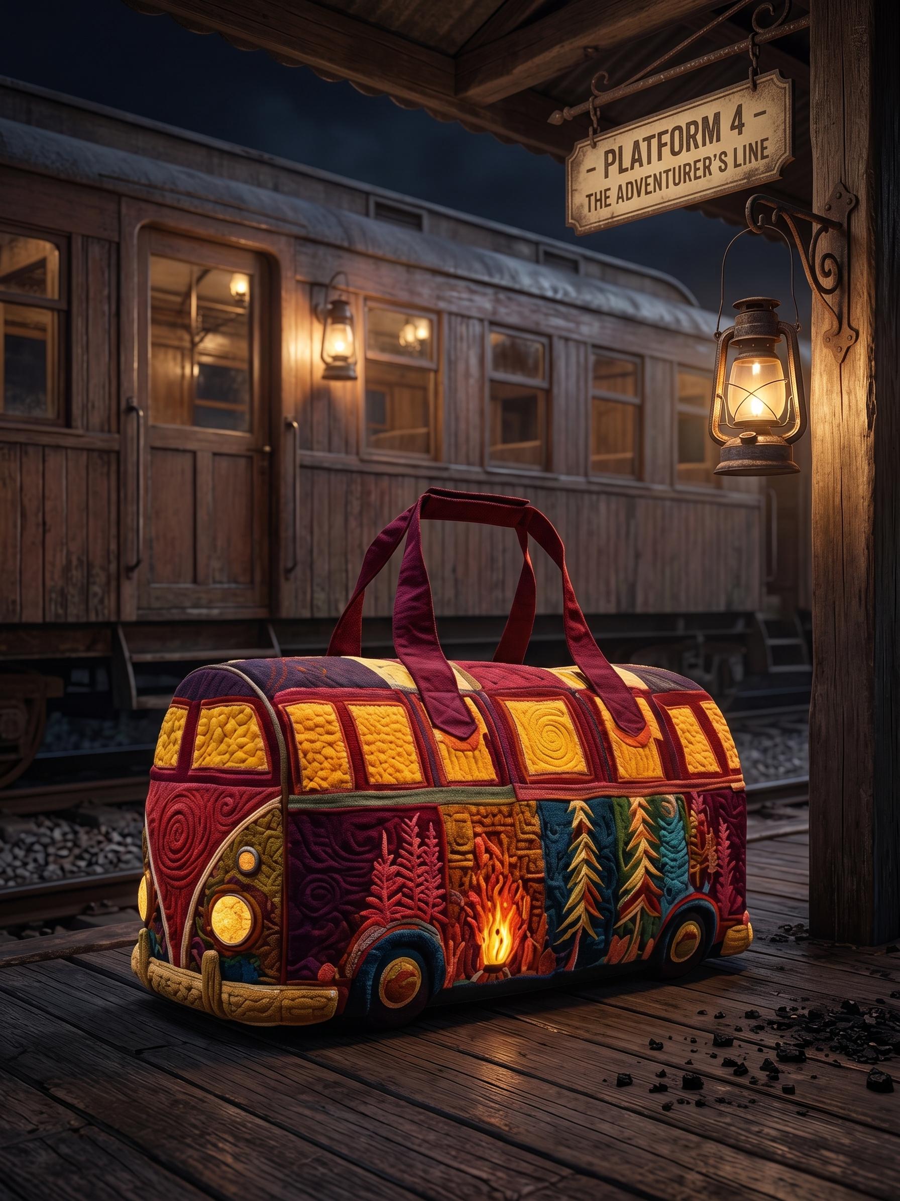 Camper Van Quilted Duffle Bag – Vintage Adventure Travel Weekender Tote, Road Trip Overnight Bag, Gift for Travel Lovers