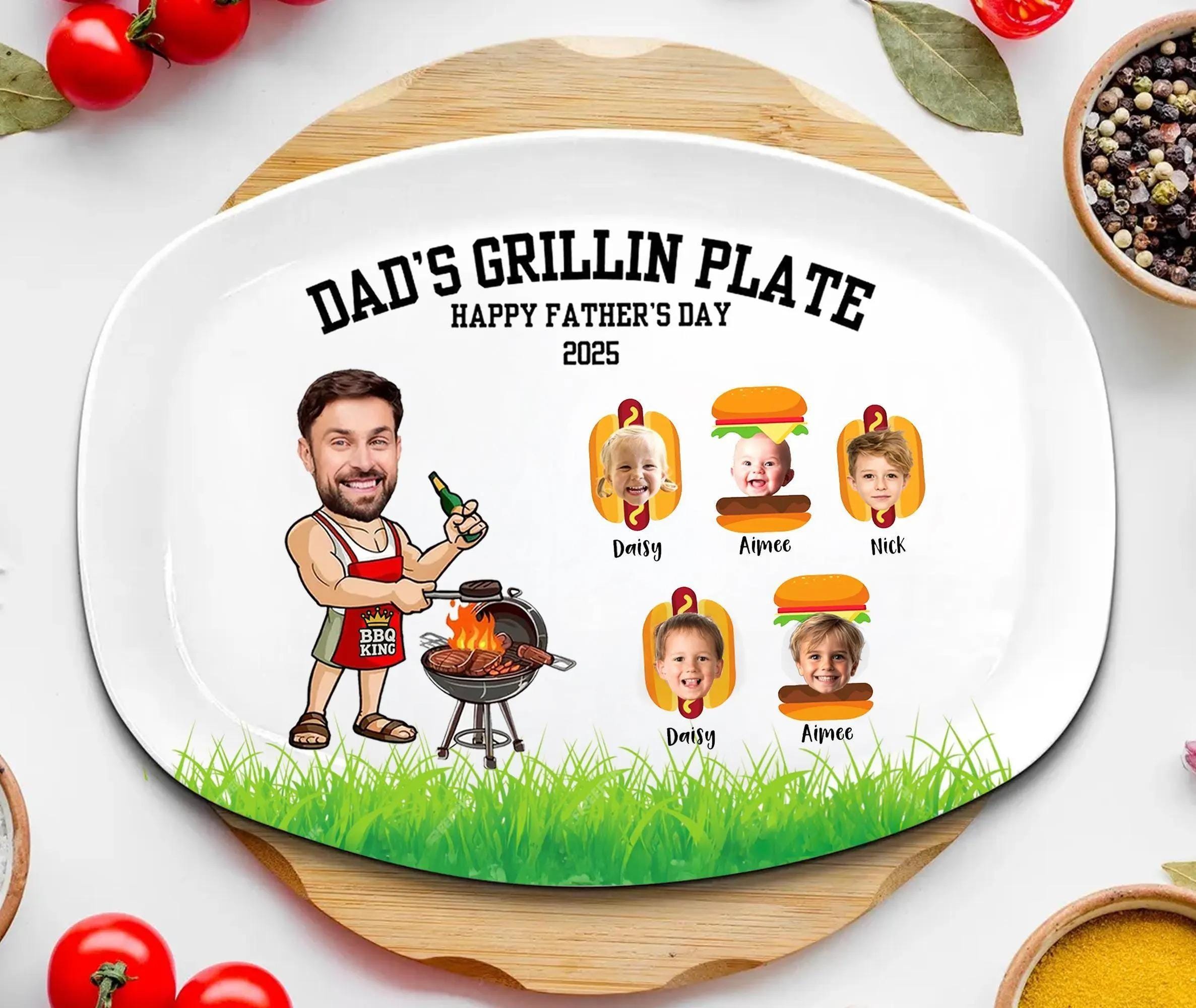 Custom Dad’s Grill Plate With Kids Names & Face, Custom Daddy’s Grilling Plate, BBQ Plate for Dad, Dad Gift From Kids, Father's Day Gifts