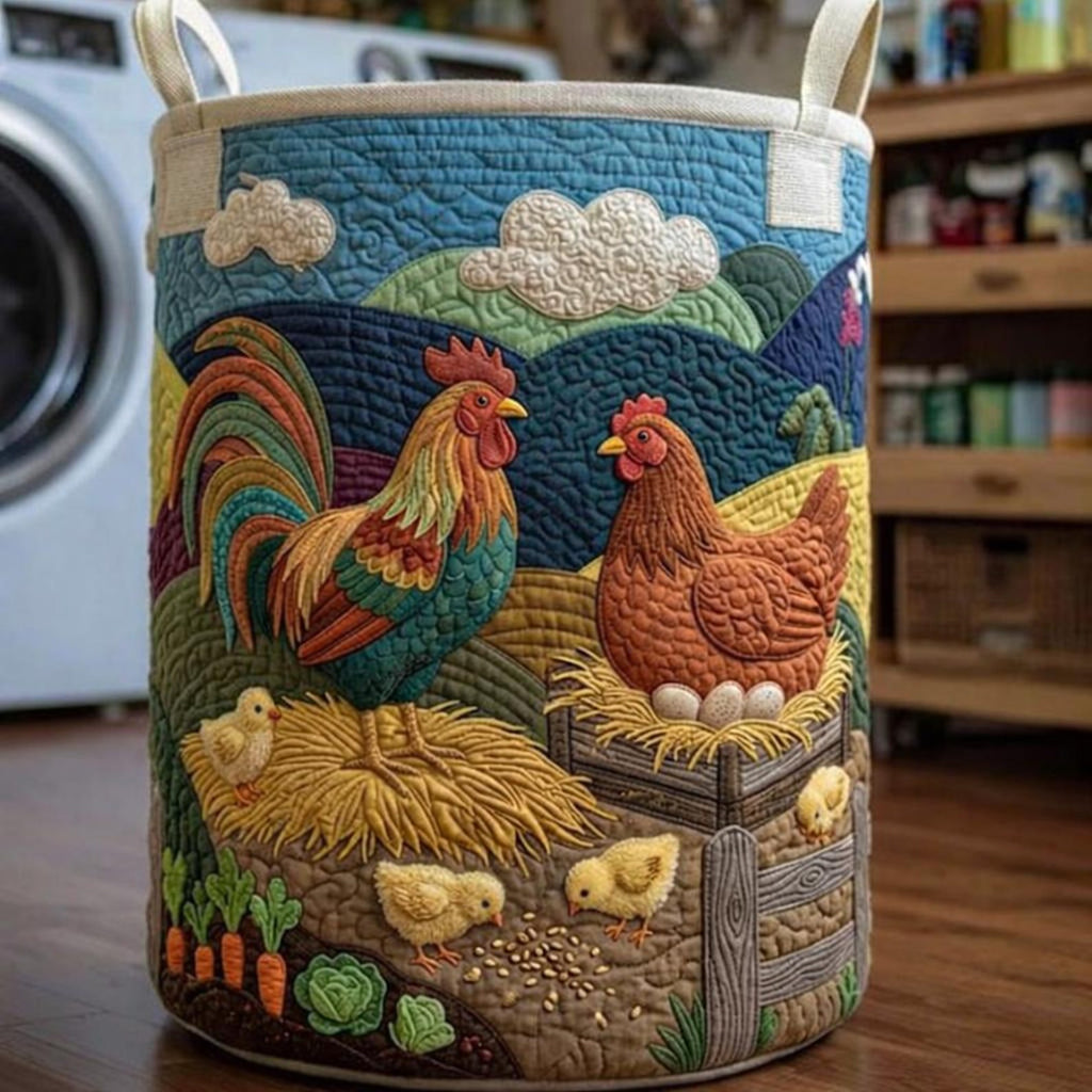 Rustic Farmhouse Round Laundry Basket, Quilted Fabric Clothes Hamper, Decorative Storage Bin for Bedroom Bathroom Laundry Room