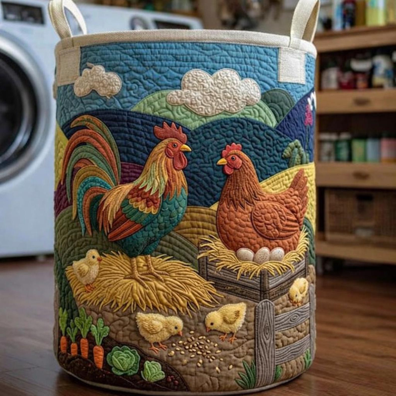 Rustic Farmhouse Round Laundry Basket, Quilted Fabric Clothes Hamper, Decorative Storage Bin for Bedroom Bathroom Laundry Room