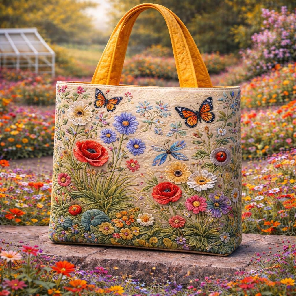 Quilted Tote Bag Floral Garden Design, Cottagecore Shoulder Bag, Large Capacity Everyday Bag, Gift for Her, Vintage Style Tote