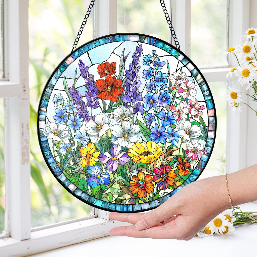 Wildflower Stained Glass Suncatcher_ Window Hanging Decor, Glass Suncatcher – Colorful Window Hanging for Nature-inspired Home Décor, Christmas Gift