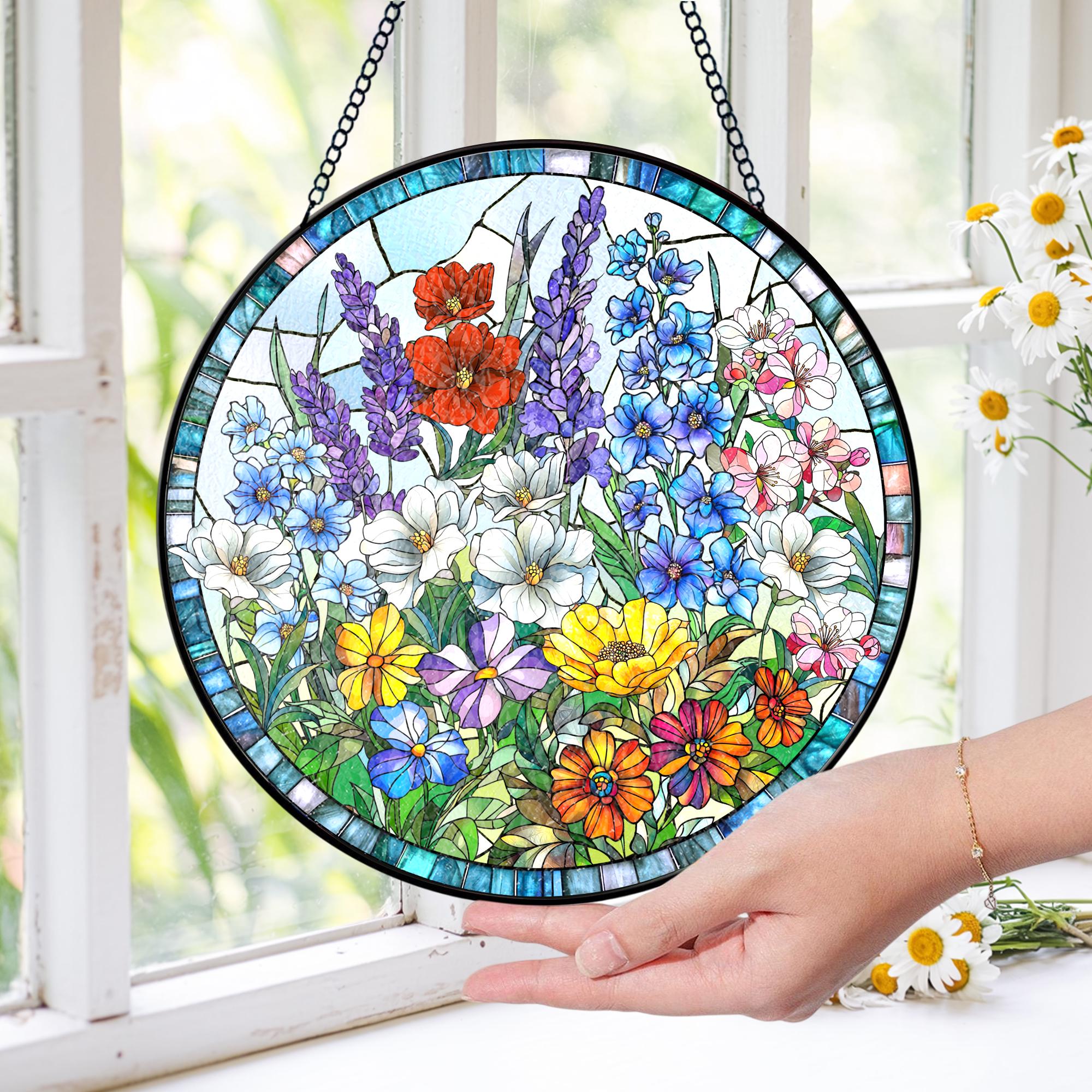 Wildflower Stained Glass Suncatcher_ Window Hanging Decor, Glass Suncatcher – Colorful Window Hanging for Nature-inspired Home Décor, Christmas Gift