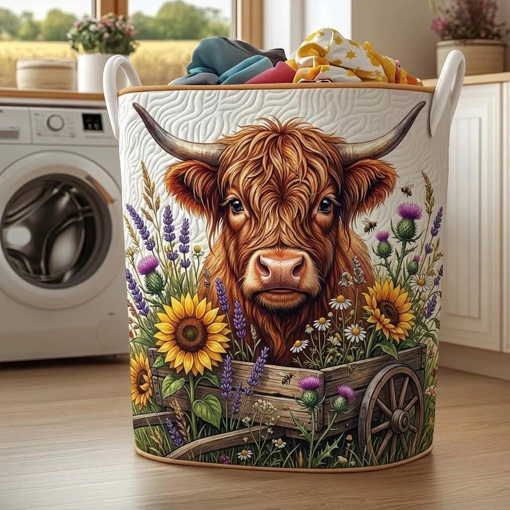 Highland Cow Quilted Laundry Hamper, Sunflower Floral Farmhouse Storage Bin, Rustic Country Laundry Basket, Cozy Room Decor