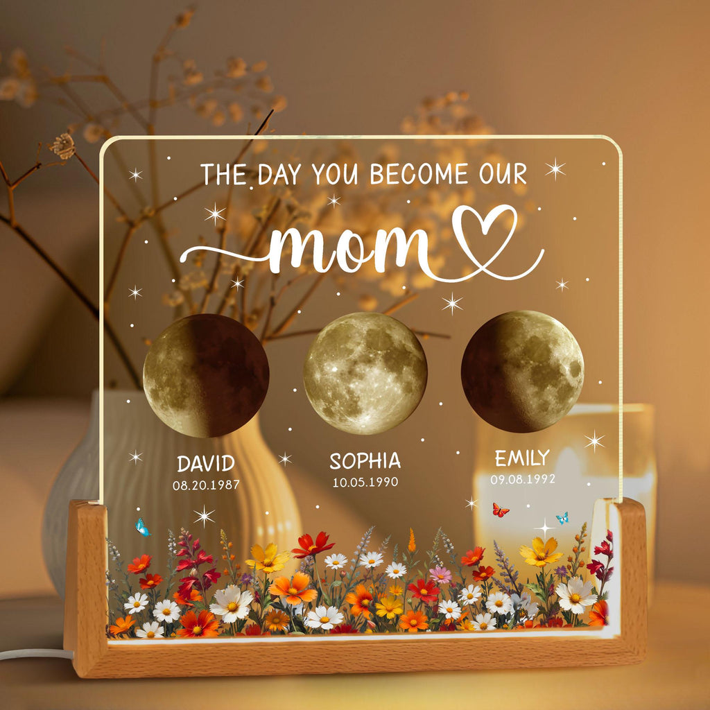 Personalized Moon Phase Crystal Lamp, Custom Moon Crystal Nightlight, the Days You Became Our Mom Dad Anniversary Gift, Mother's Day Gift