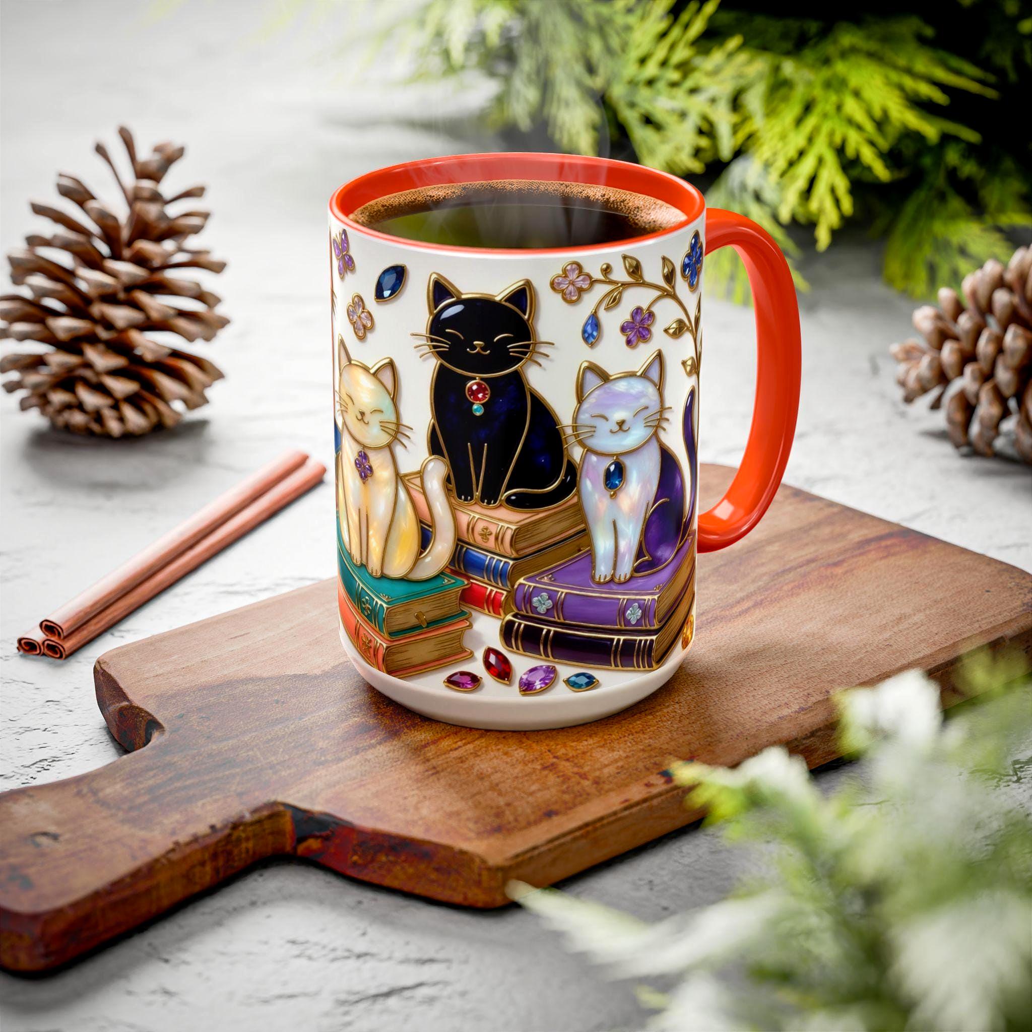 Stained Glass Style Cats Mug, Bookish Cat Art Mug, Jewel Tone Fantasy Cats Cup, Book Lover Mug 15oz, Premium Ceramic Mug – Everyday Use & Gift Idea