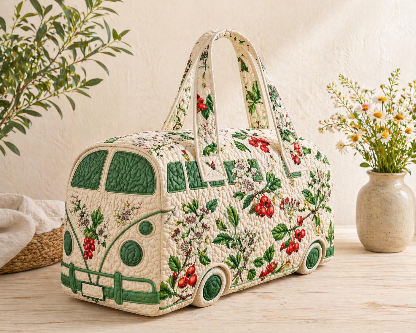 Camper Van Quilted Duffle Bag, Berry Blossom Cottagecore Weekender Bag for Women, Floral Weekend Travel Tote, Road Trip Gift
