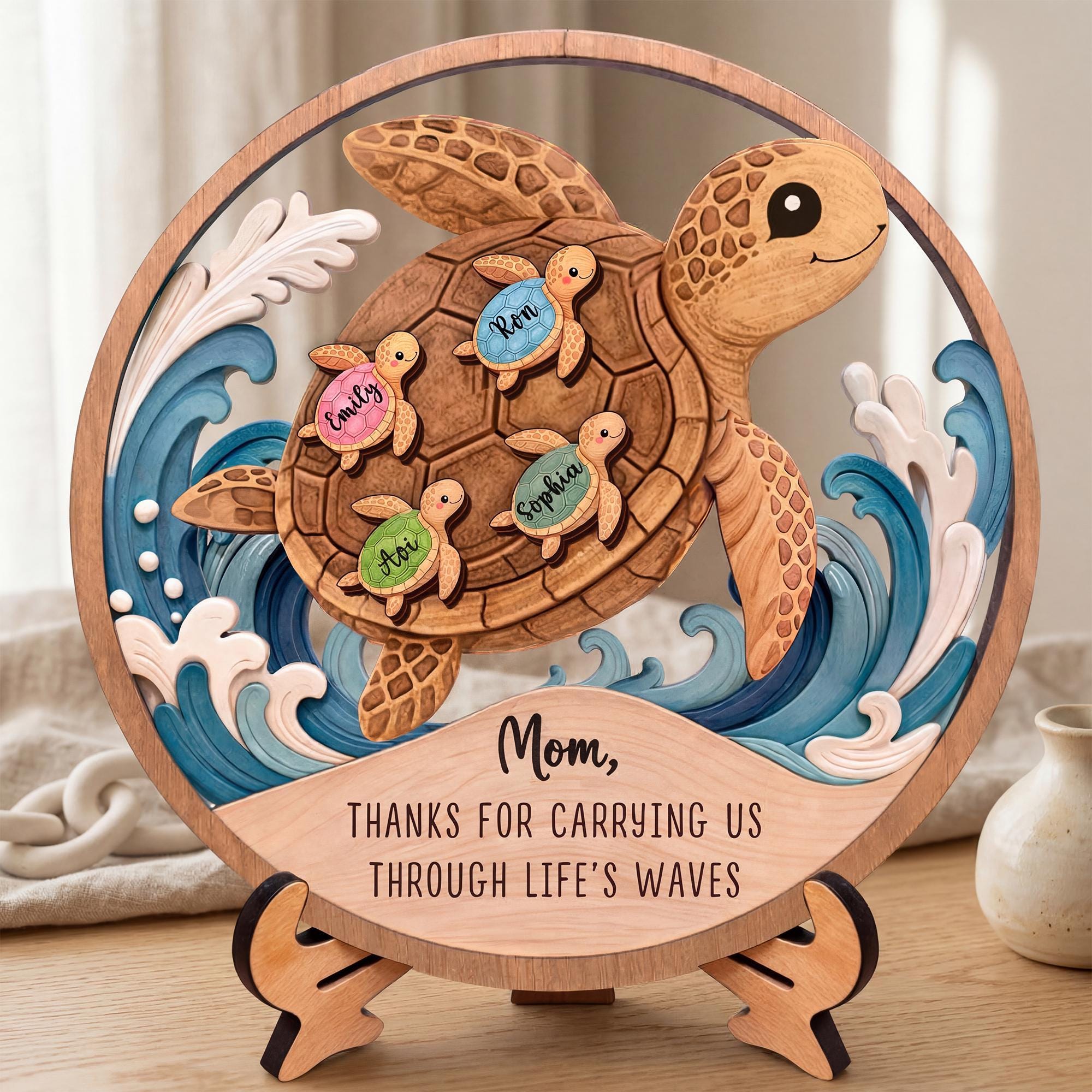 Personalized Wooden Sea Turtle Family Plaque, Unique Mom Gift, Turtle Lover Keepsake, Meaningful Mother’s Day Gift, Custom Family Name Sign